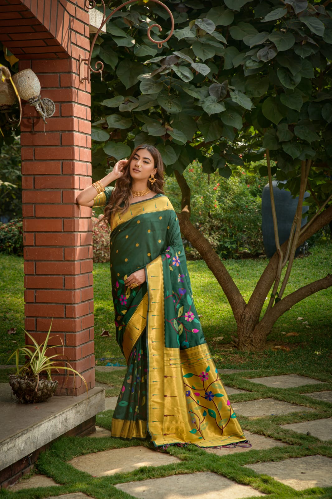 Emerald Enchant Paithani - Pure Handloom Soft Silk Saree with Gold Zari