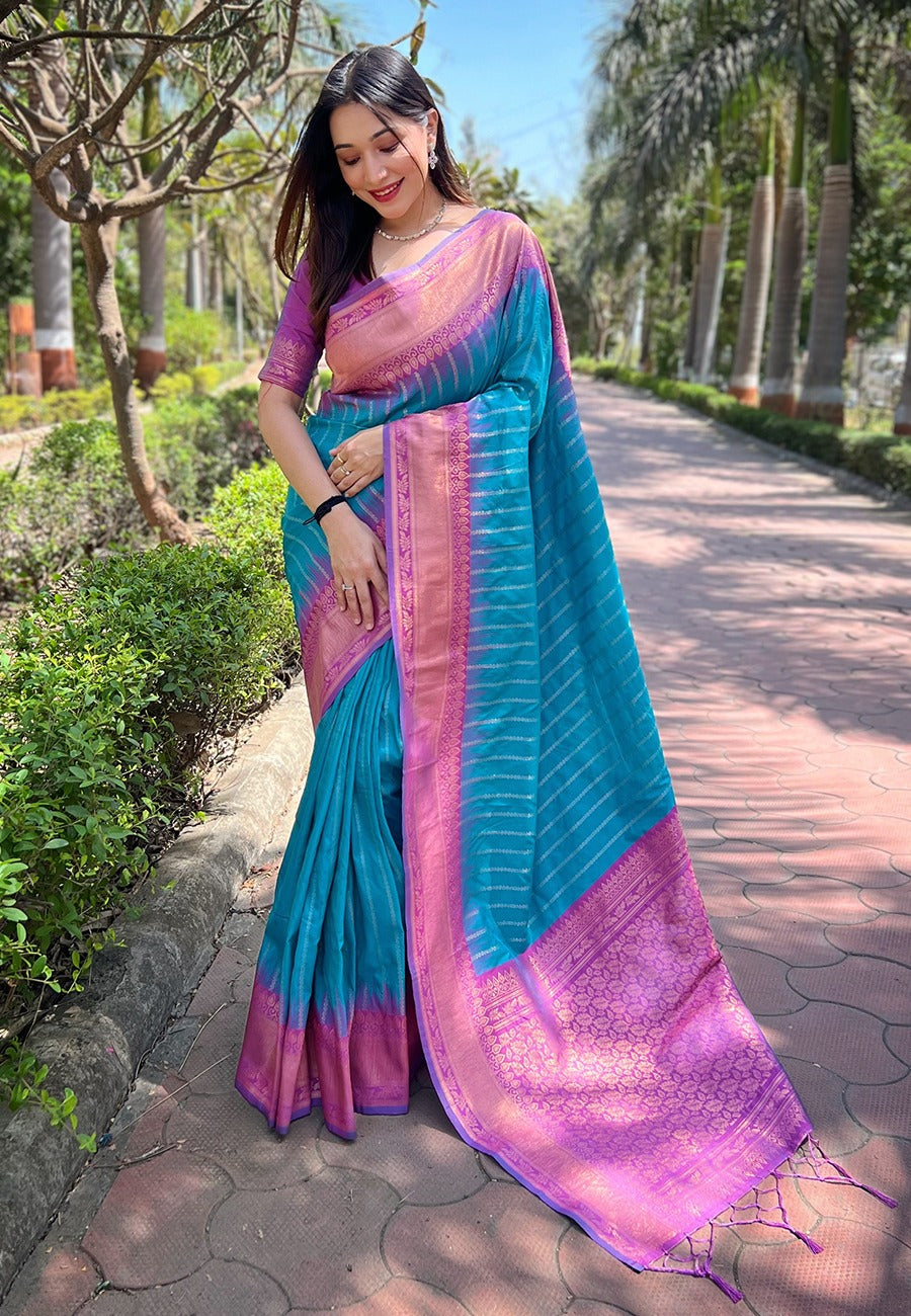 Peacock Blue & Magenta Zari Woven Soft Silk Saree with Contrast Pallu