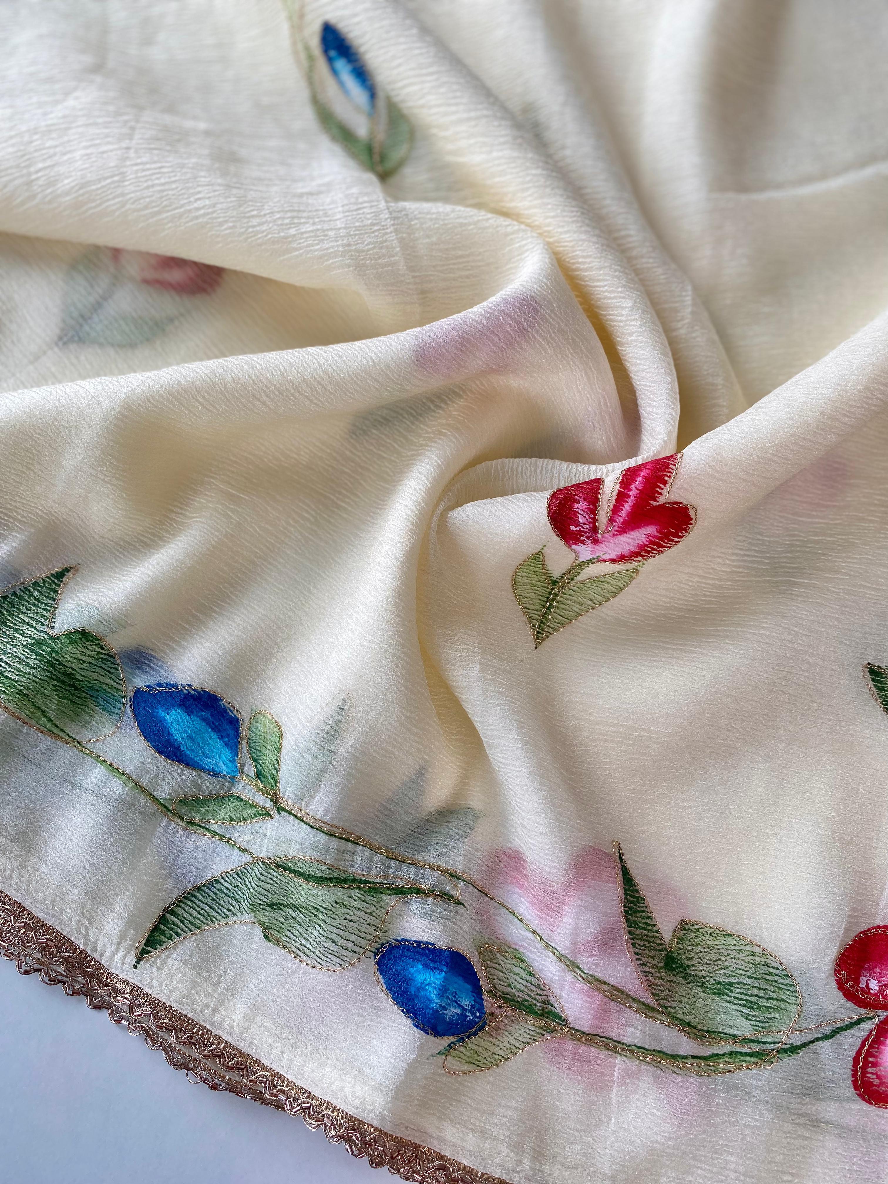 Chiffon Saree with Floral Brush Print & Contrast Blouse
