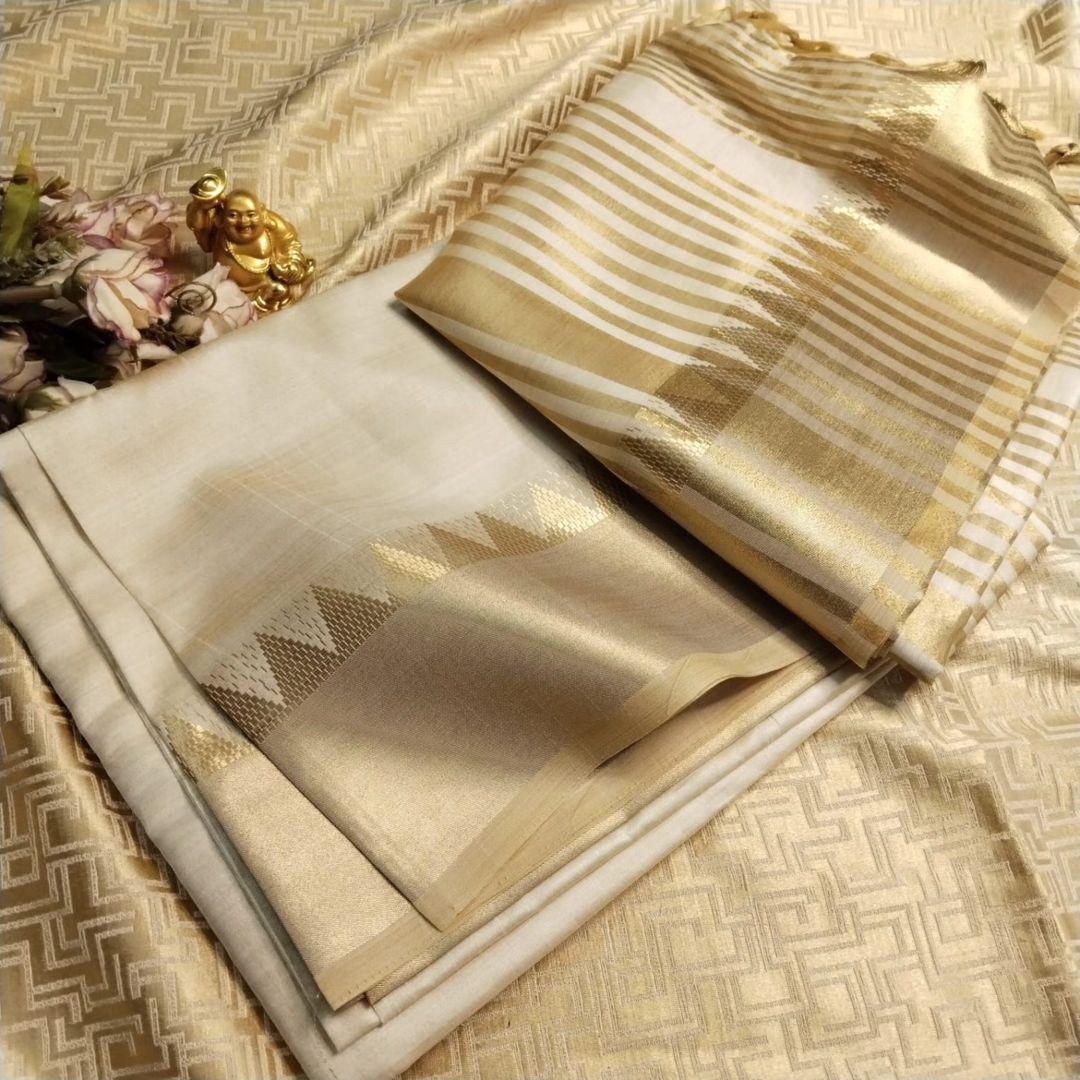 Assam Silk Saree Off-White with Gold Zari Temple Border & Pallu
