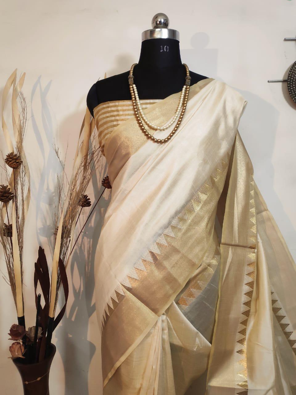 Assam Silk Saree Off-White with Gold Zari Temple Border & Pallu