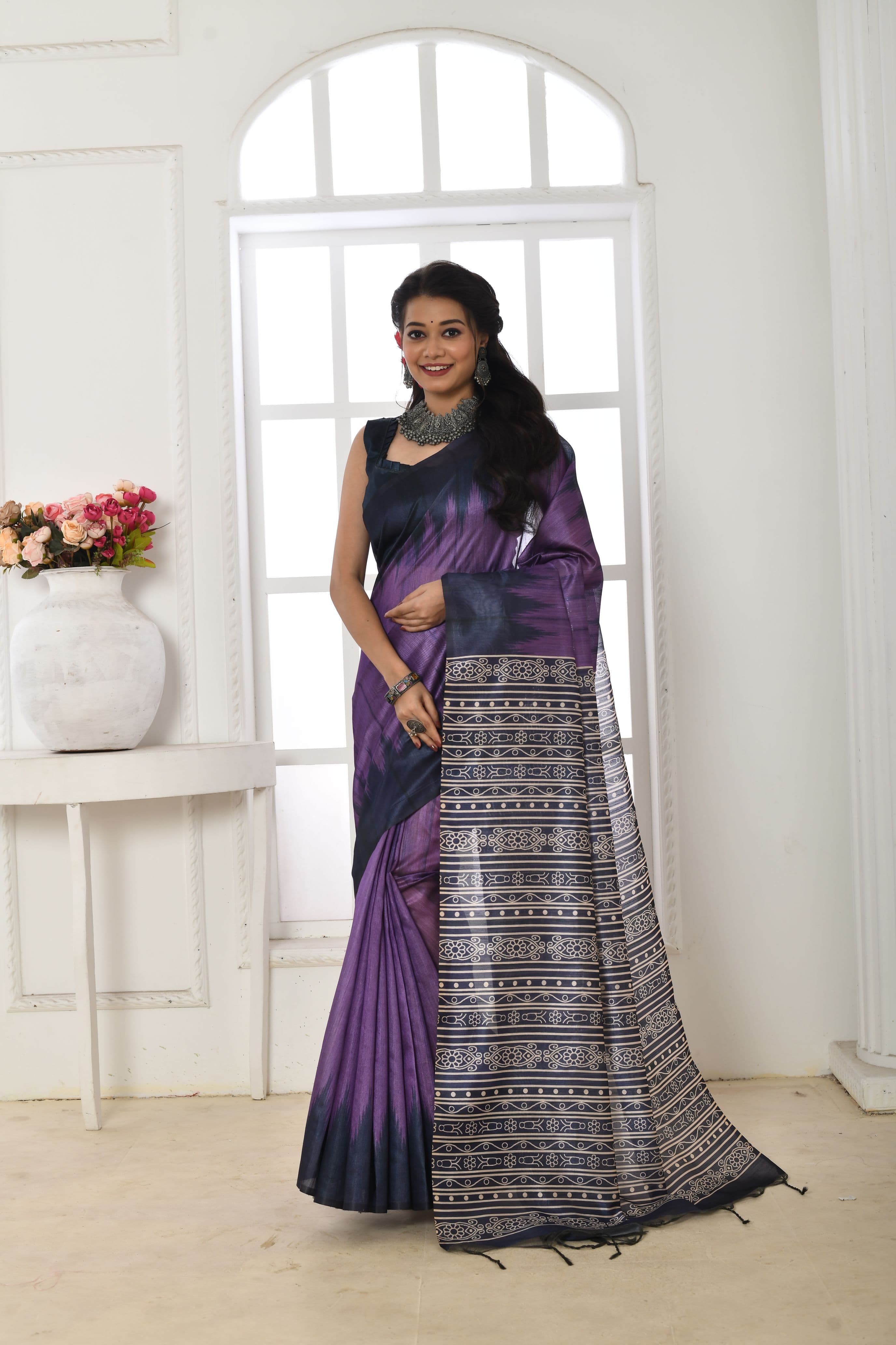 Soft Tussar Silk Saree with Temple Border & Printed Pallu