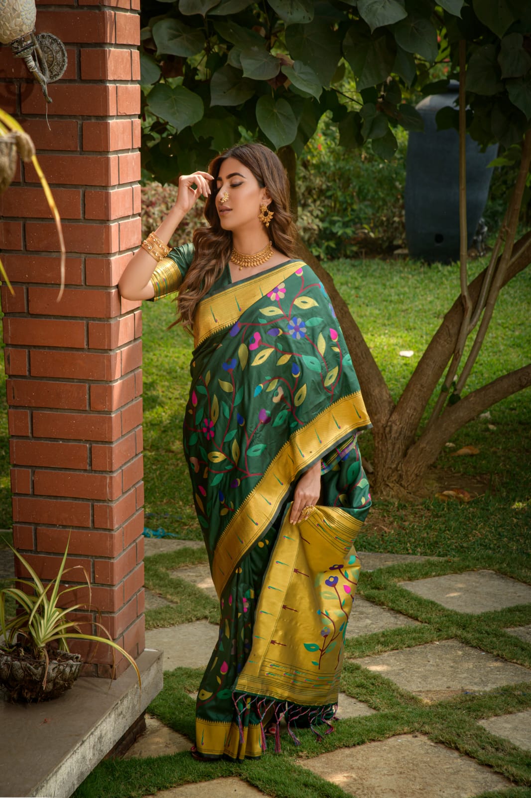Emerald Enchant Paithani - Pure Handloom Soft Silk Saree with Gold Zari