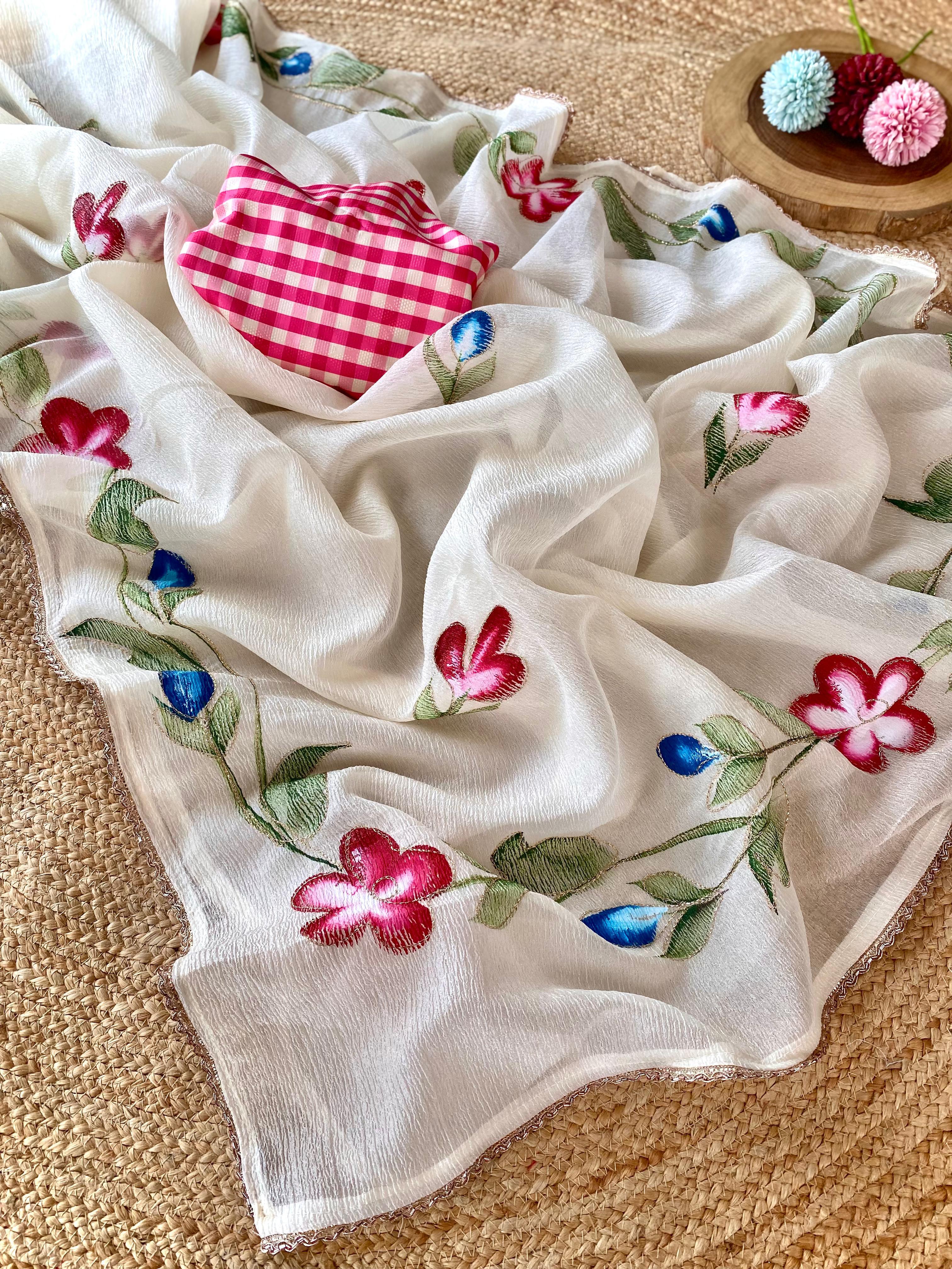 Chiffon Saree with Floral Brush Print & Contrast Blouse