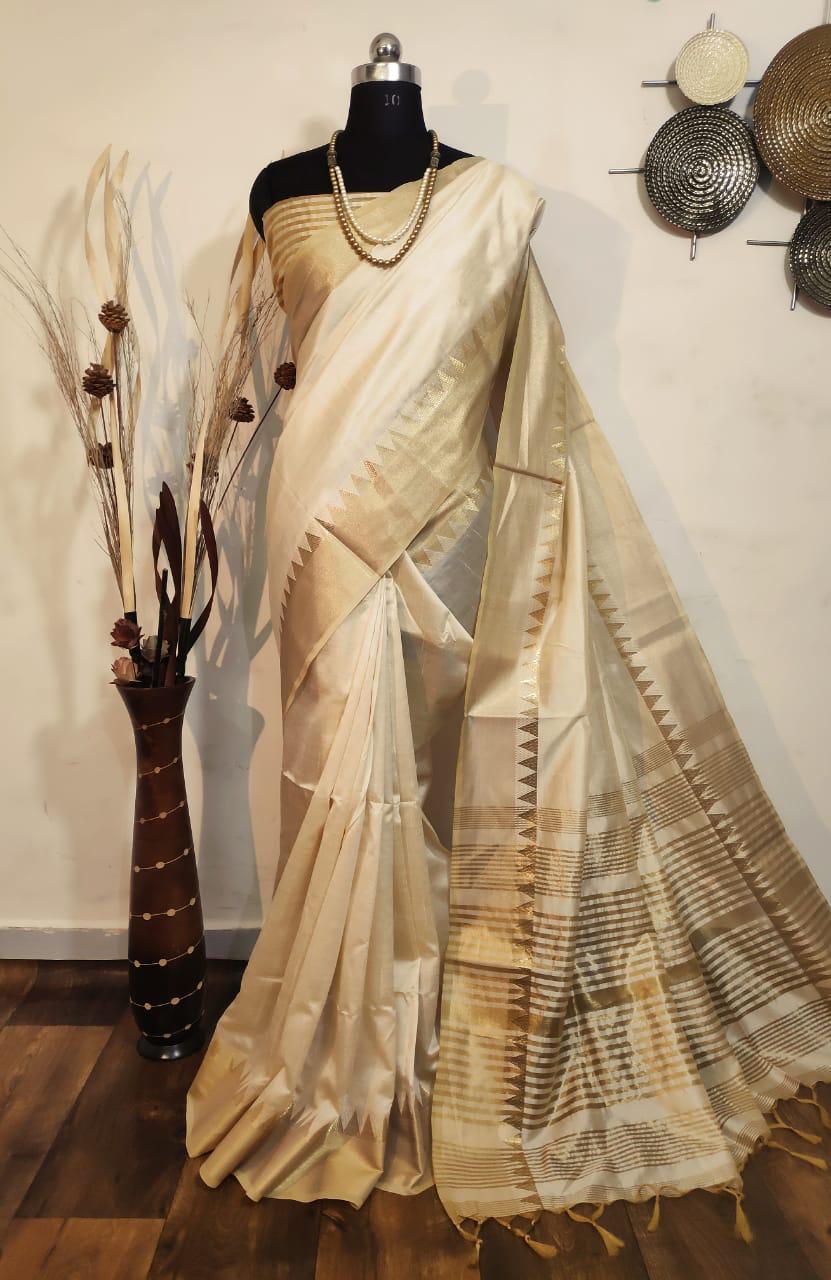 Assam Silk Saree Off-White with Gold Zari Temple Border & Pallu