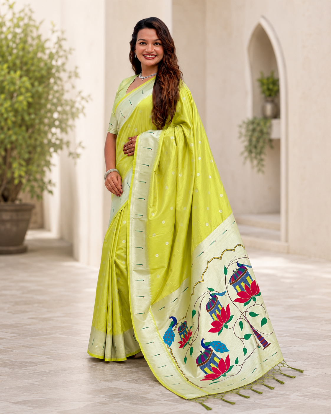 Lime Lotus Peacock Paithani Silk Saree with Silver Zari Meenakari Pallu
