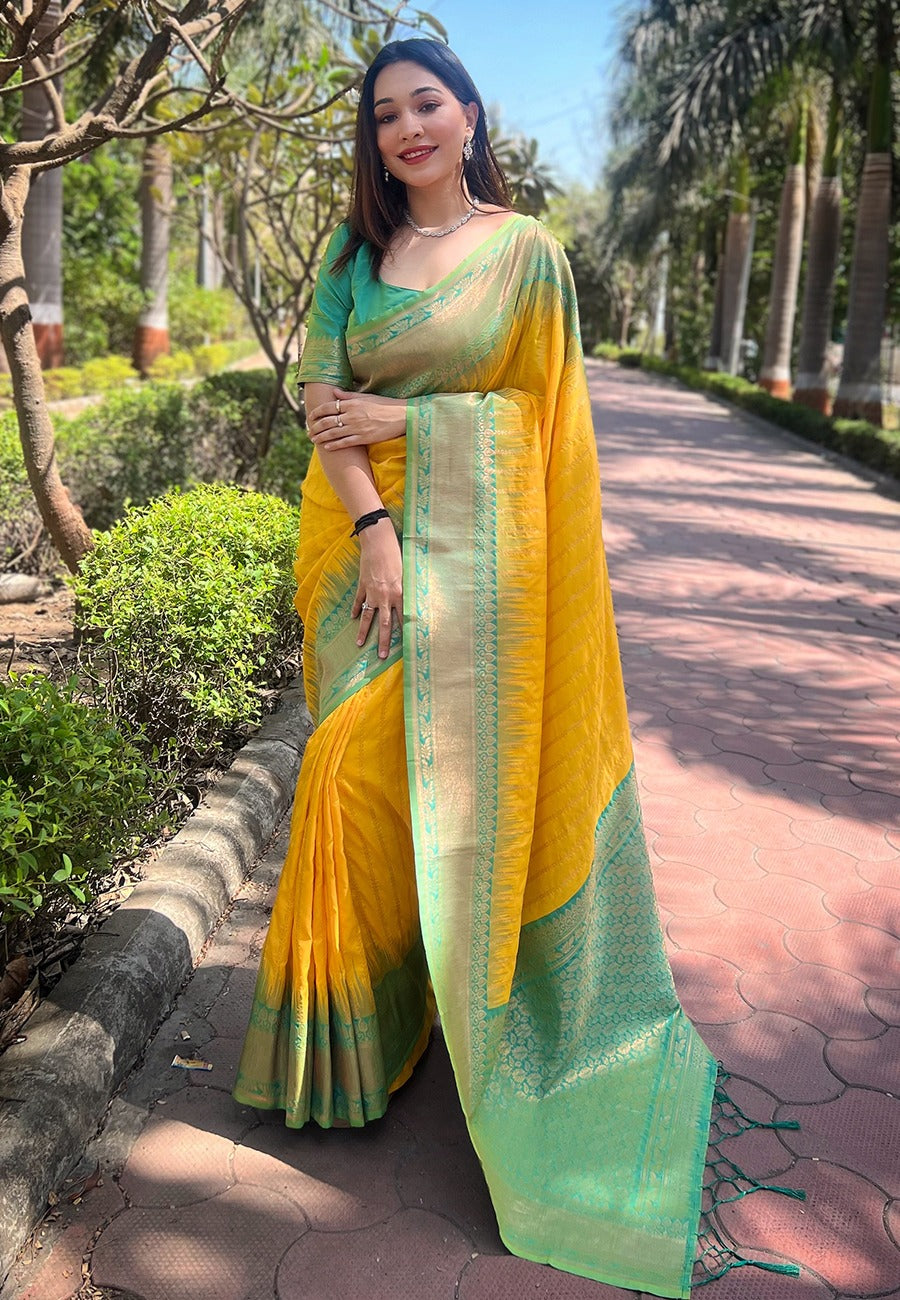 Soft Silk Saree Mustard yellow with Green Zari Border