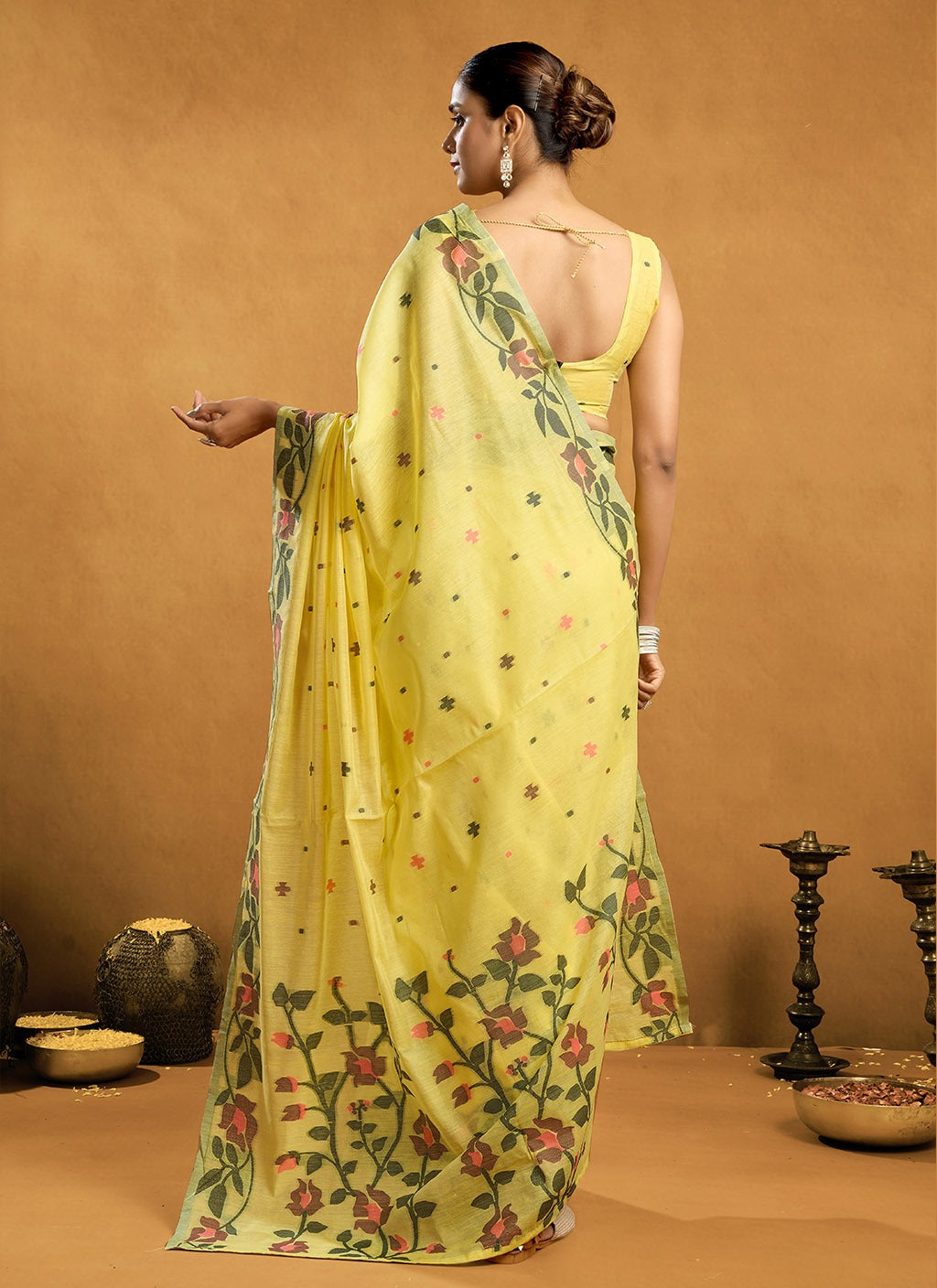 Sunlit Blossom - Soft Cotton Silk Saree with Floral Print Border