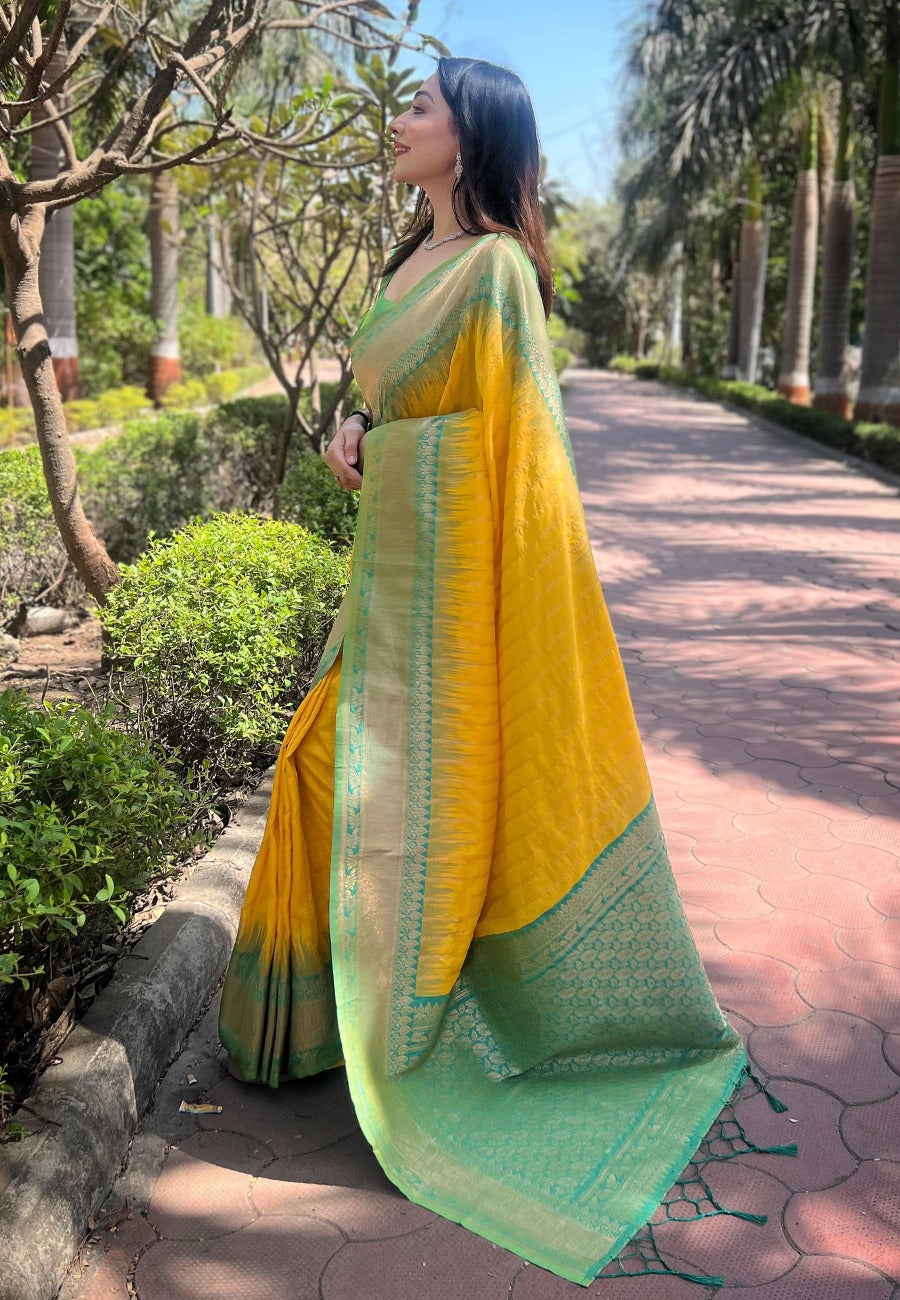 Soft Silk Saree Mustard yellow with Green Zari Border