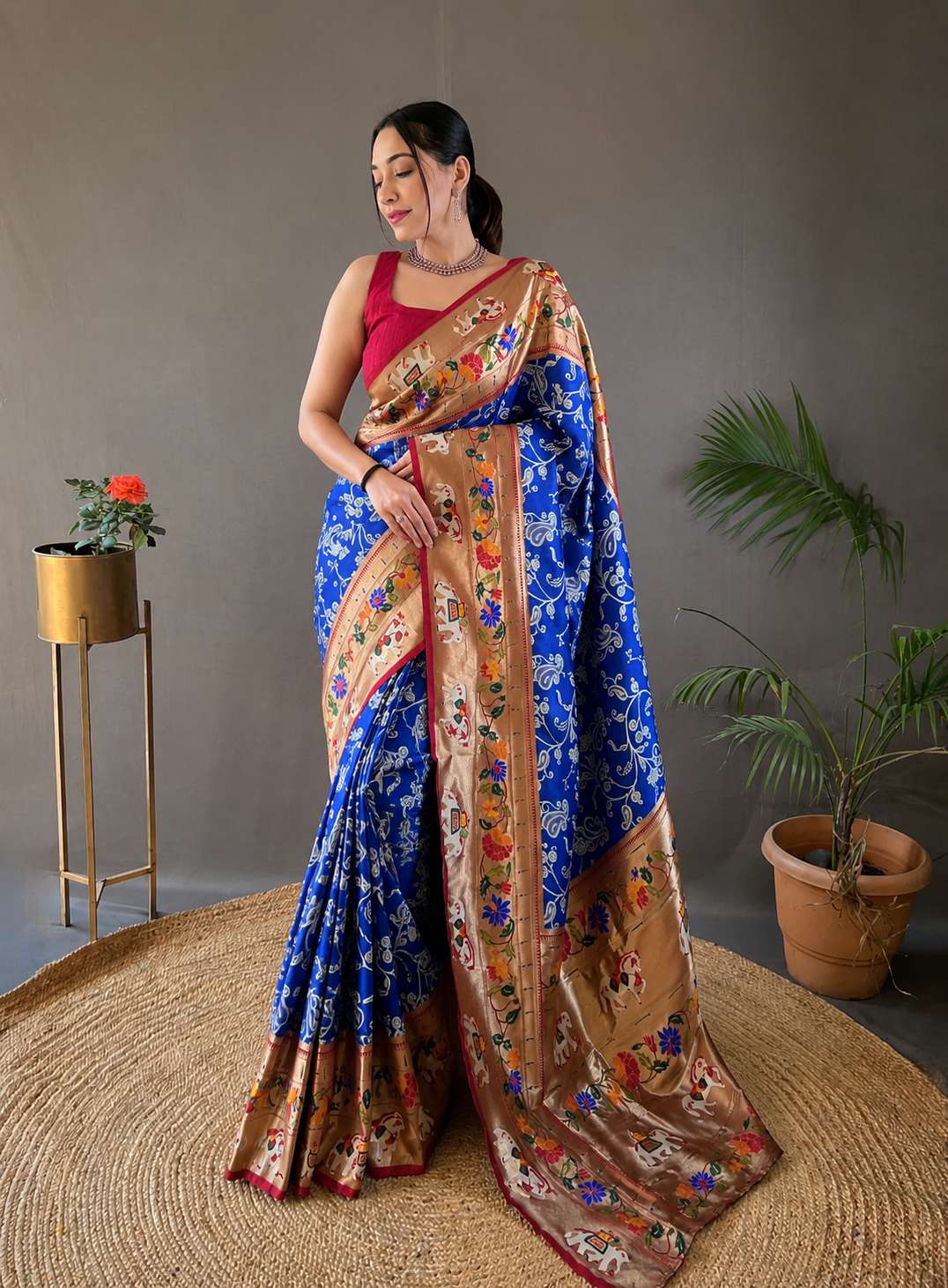 Royal Blue Lucknowi Weaving Saree with Paithani Patola Fusion & Golden Zari Meenakari Pallu