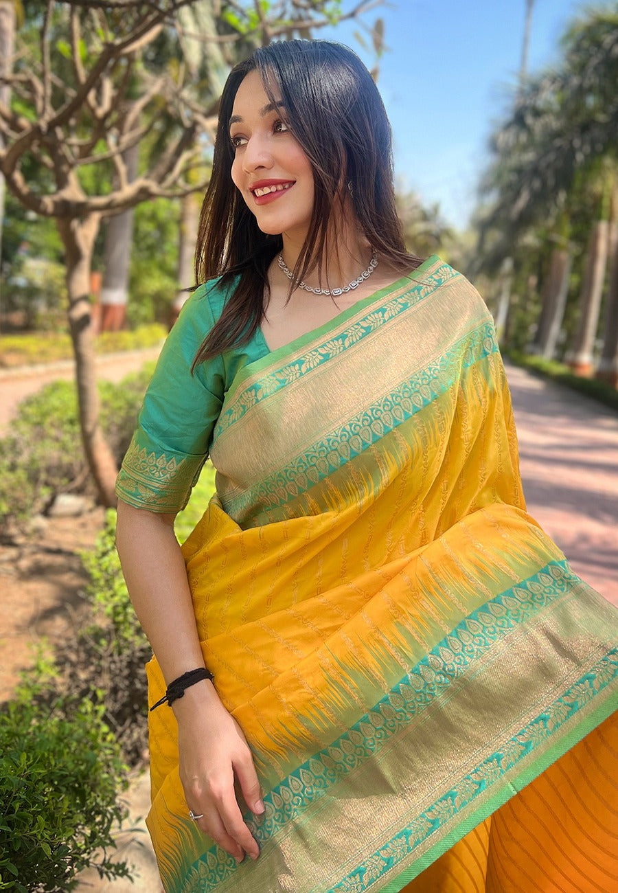 Soft Silk Saree Mustard yellow with Green Zari Border