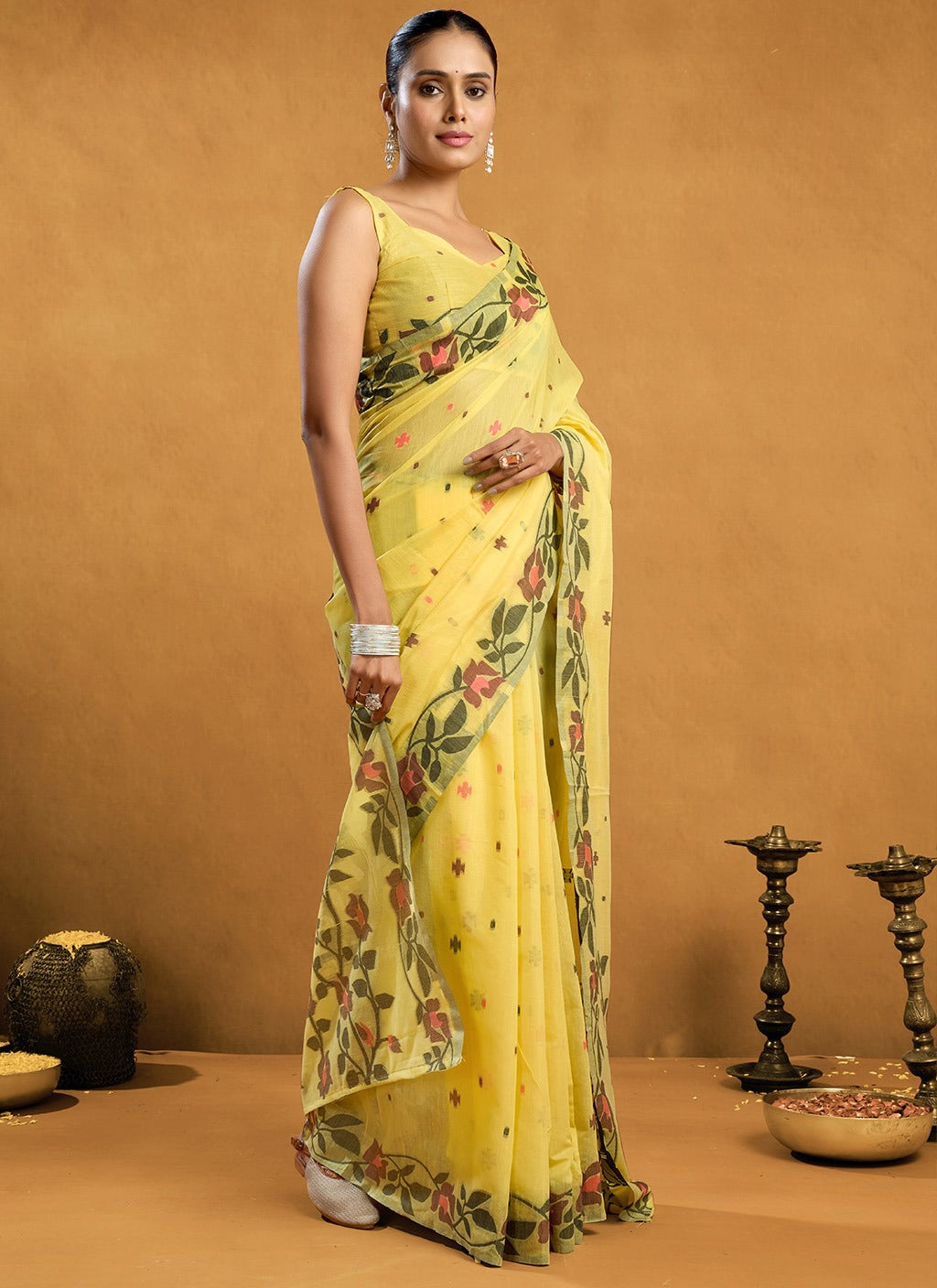 Sunlit Blossom - Soft Cotton Silk Saree with Floral Print Border
