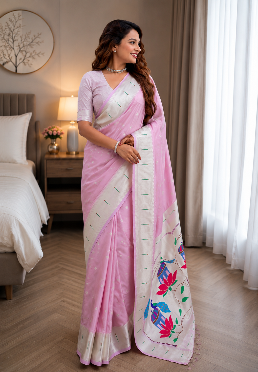 Blush Lotus Peacock Paithani Silk Saree with Silver Zari Meenakari Pallu