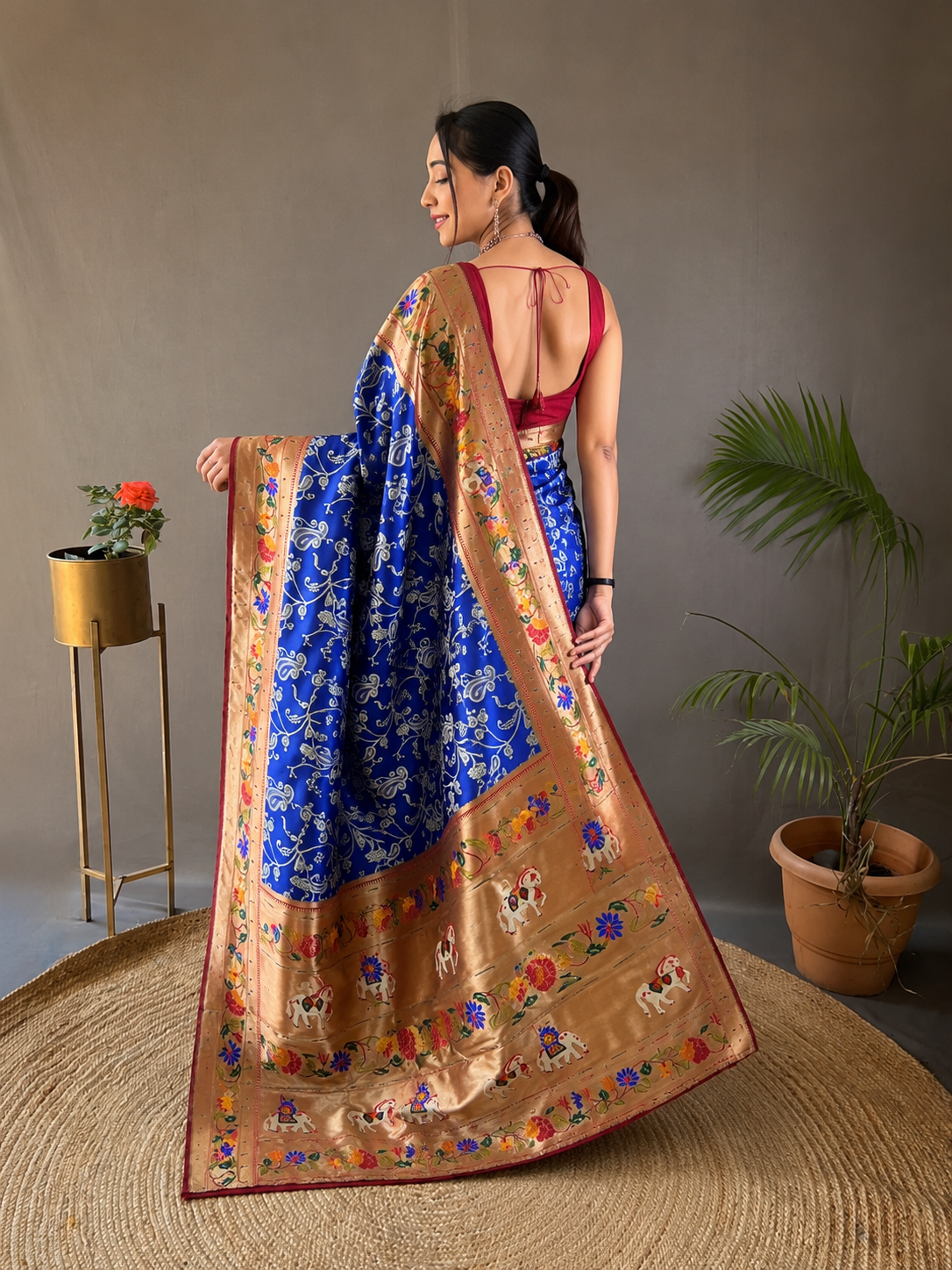 Royal Blue Lucknowi Weaving Saree with Paithani Patola Fusion & Golden Zari Meenakari Pallu