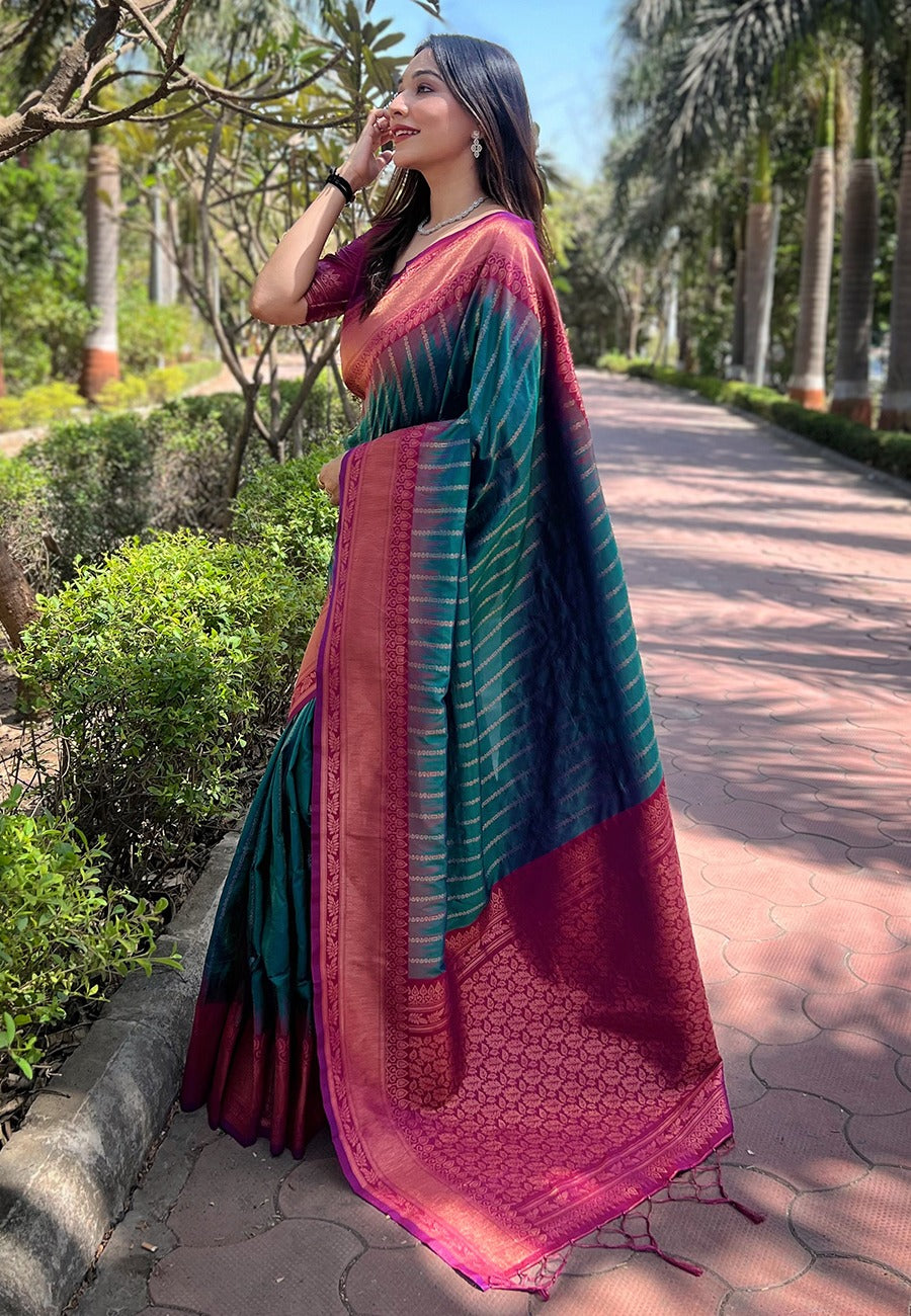 Teal Green & Magenta Dual-Tone Soft Silk Saree with Copper Zari Pallu