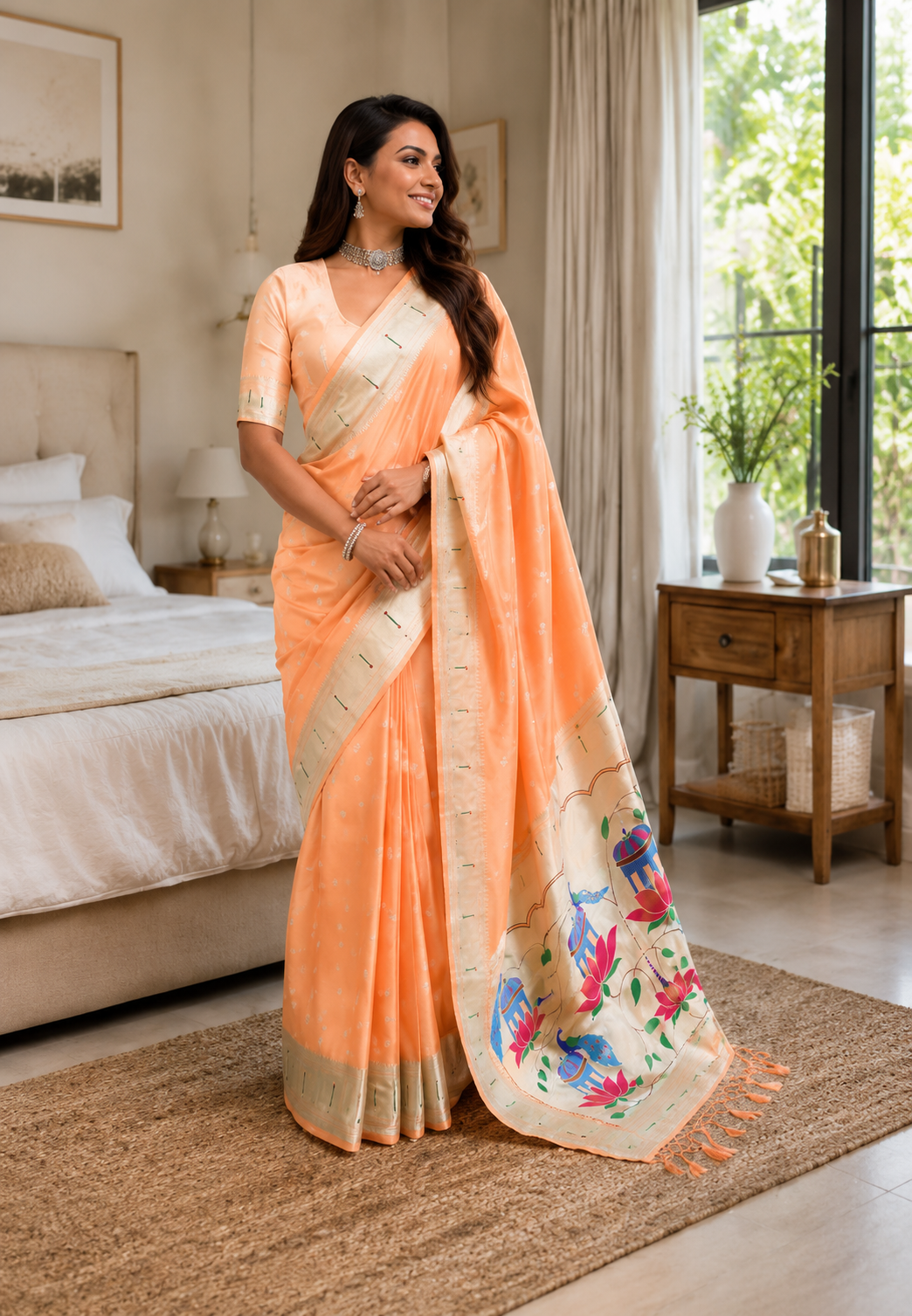 Peach Lotus Peacock Paithani Silk Saree with Silver Zari Meenakari Pallu