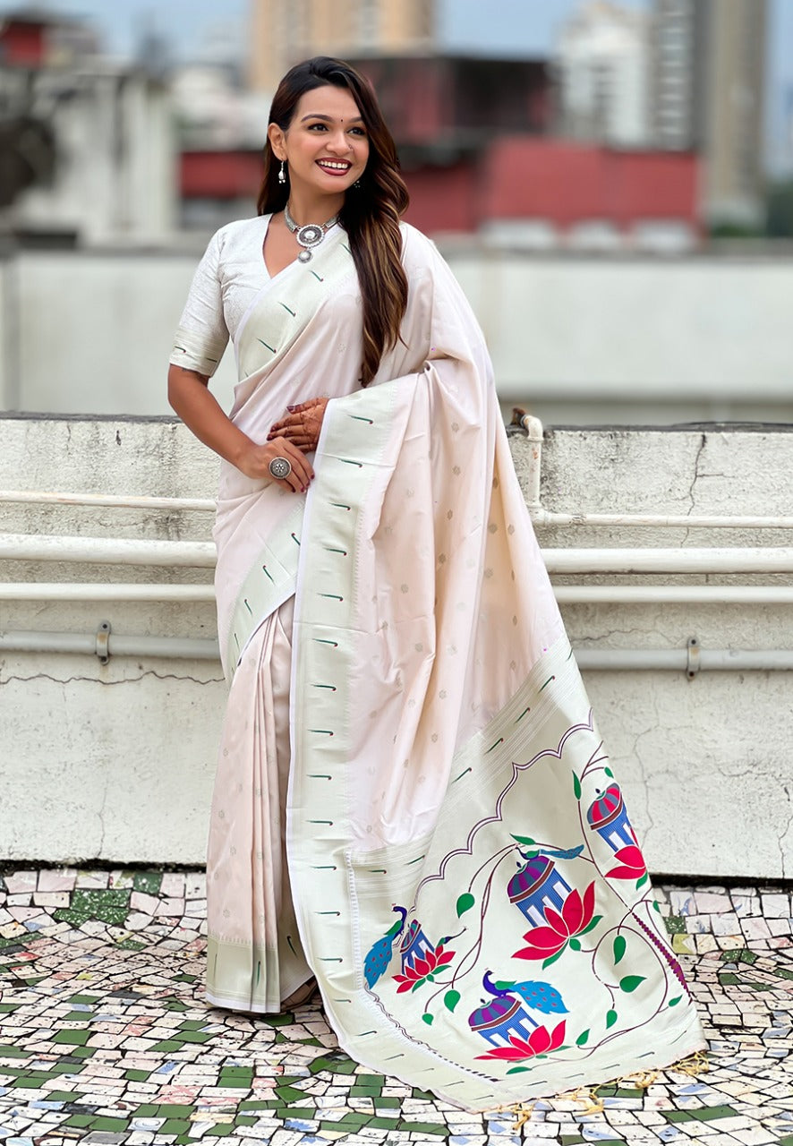 Ivory Lotus Peacock Paithani Silk Saree with Silver Zari Meenakari Pallu