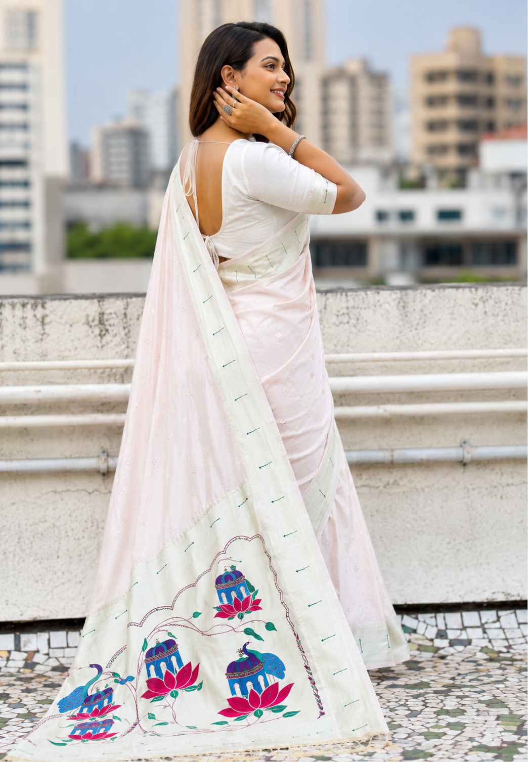 Ivory Lotus Peacock Paithani Silk Saree with Silver Zari Meenakari Pallu