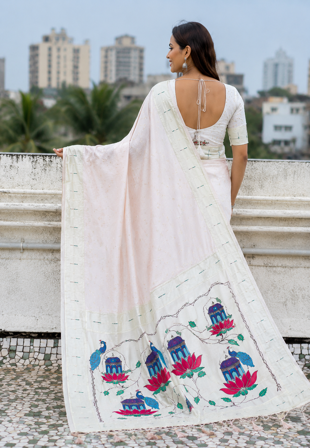 Ivory Lotus Peacock Paithani Silk Saree with Silver Zari Meenakari Pallu