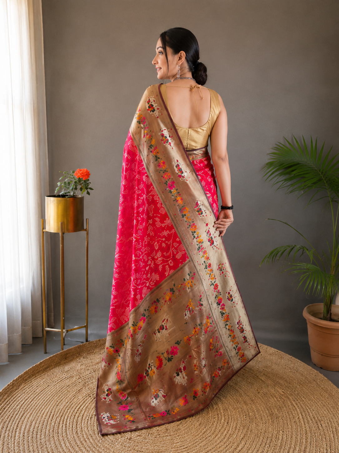 Ruby Red Lucknowi Weaving Saree with Paithani Patola Fusion & Golden Zari Meenakari Pallu