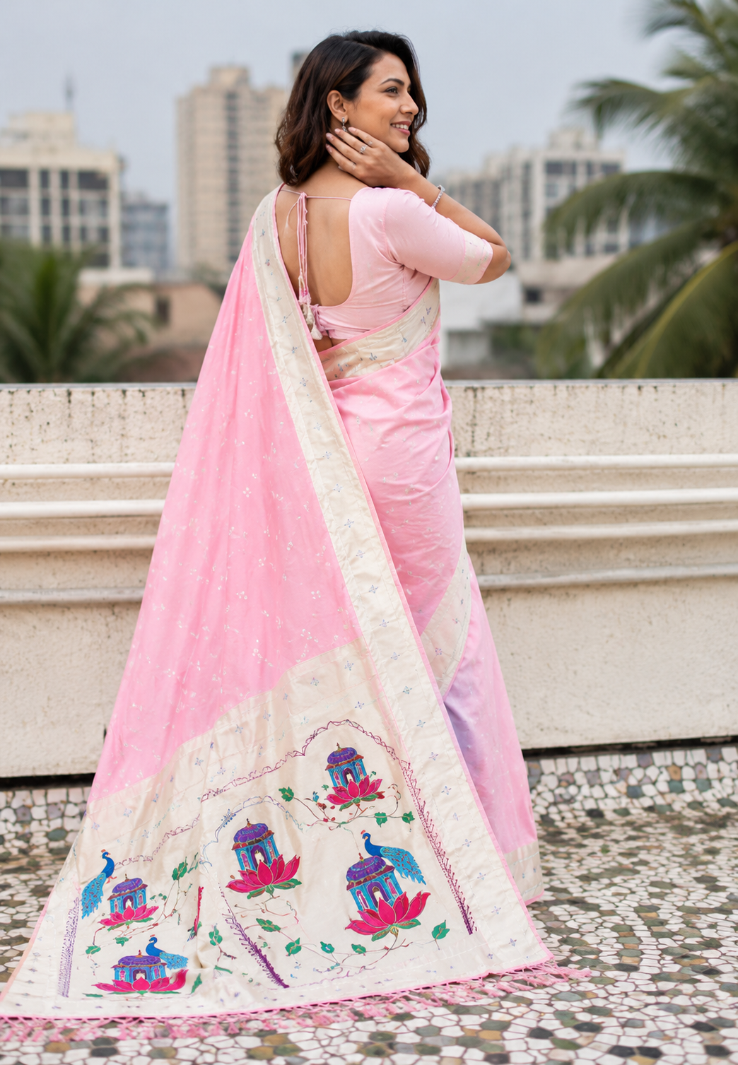 Rose Pink Lotus Peacock Paithani Silk Saree with Silver Zari Meenakari Pallu