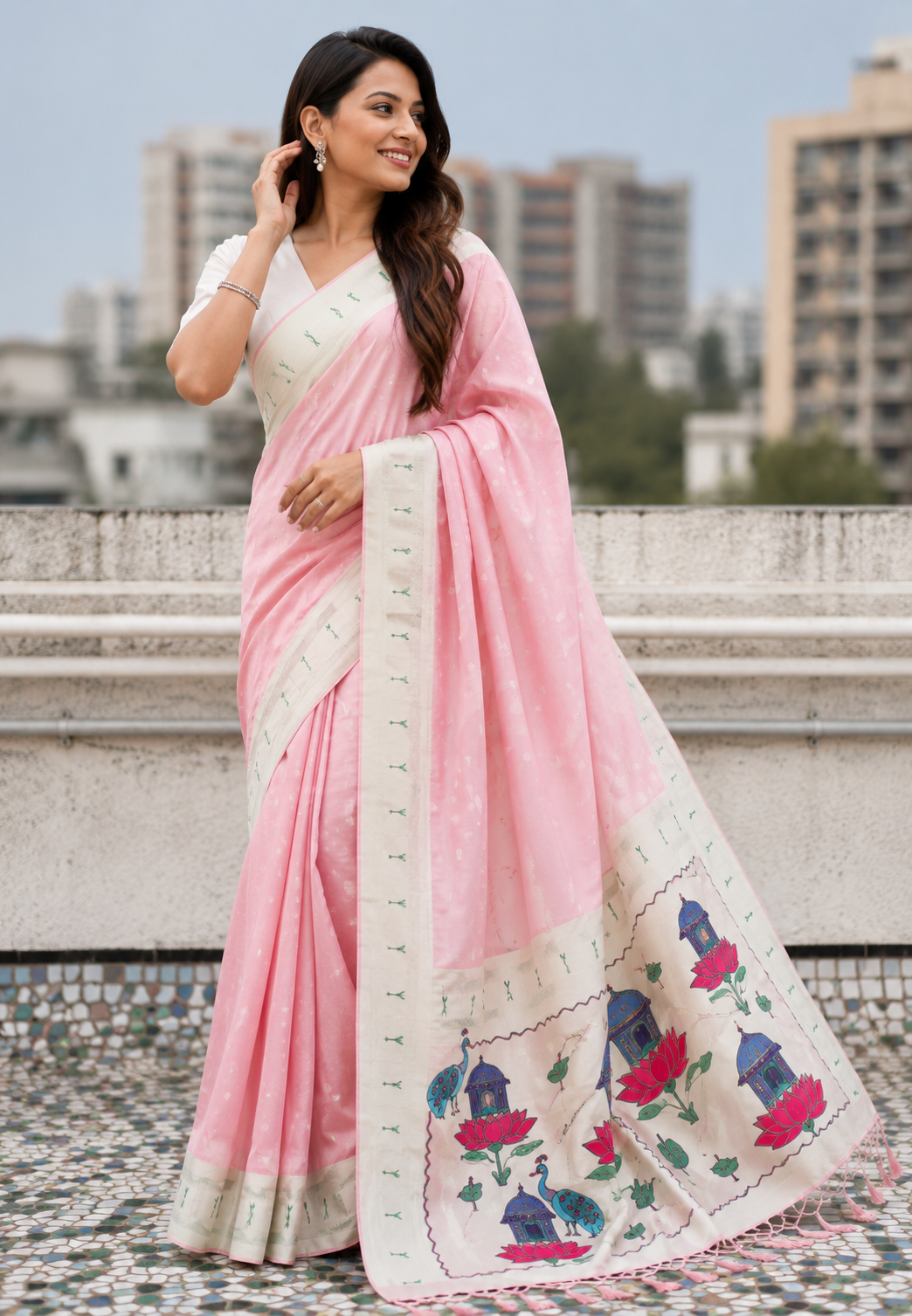 Rose Pink Lotus Peacock Paithani Silk Saree with Silver Zari Meenakari Pallu