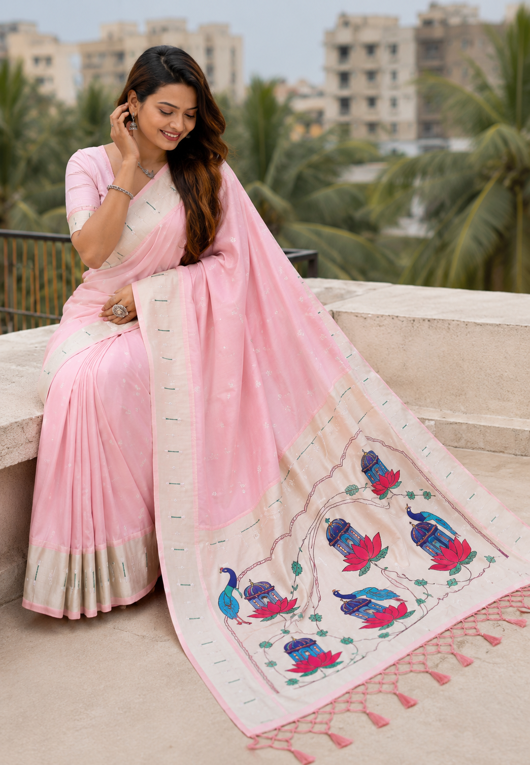 Rose Pink Lotus Peacock Paithani Silk Saree with Silver Zari Meenakari Pallu