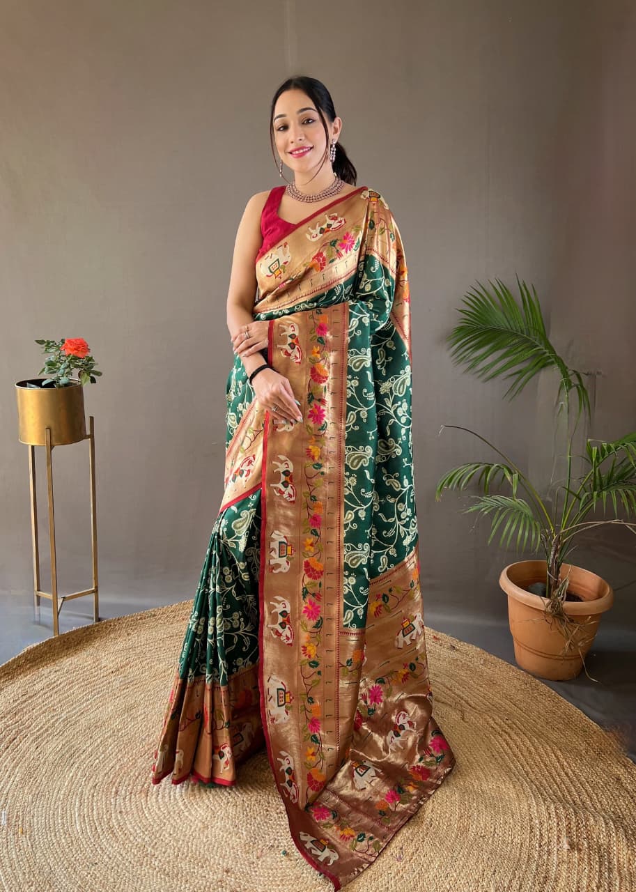 Emerald Green Lucknowi Weaving Saree with Paithani Patola Fusion & Golden Zari Meenakari Pallu