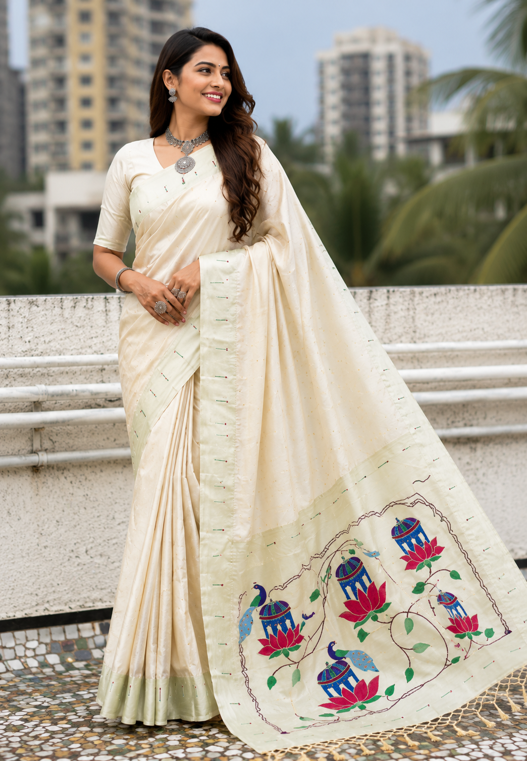 Pearl Ivory Lotus Peacock Paithani Silk Saree with Silver Zari Meenakari Pallu