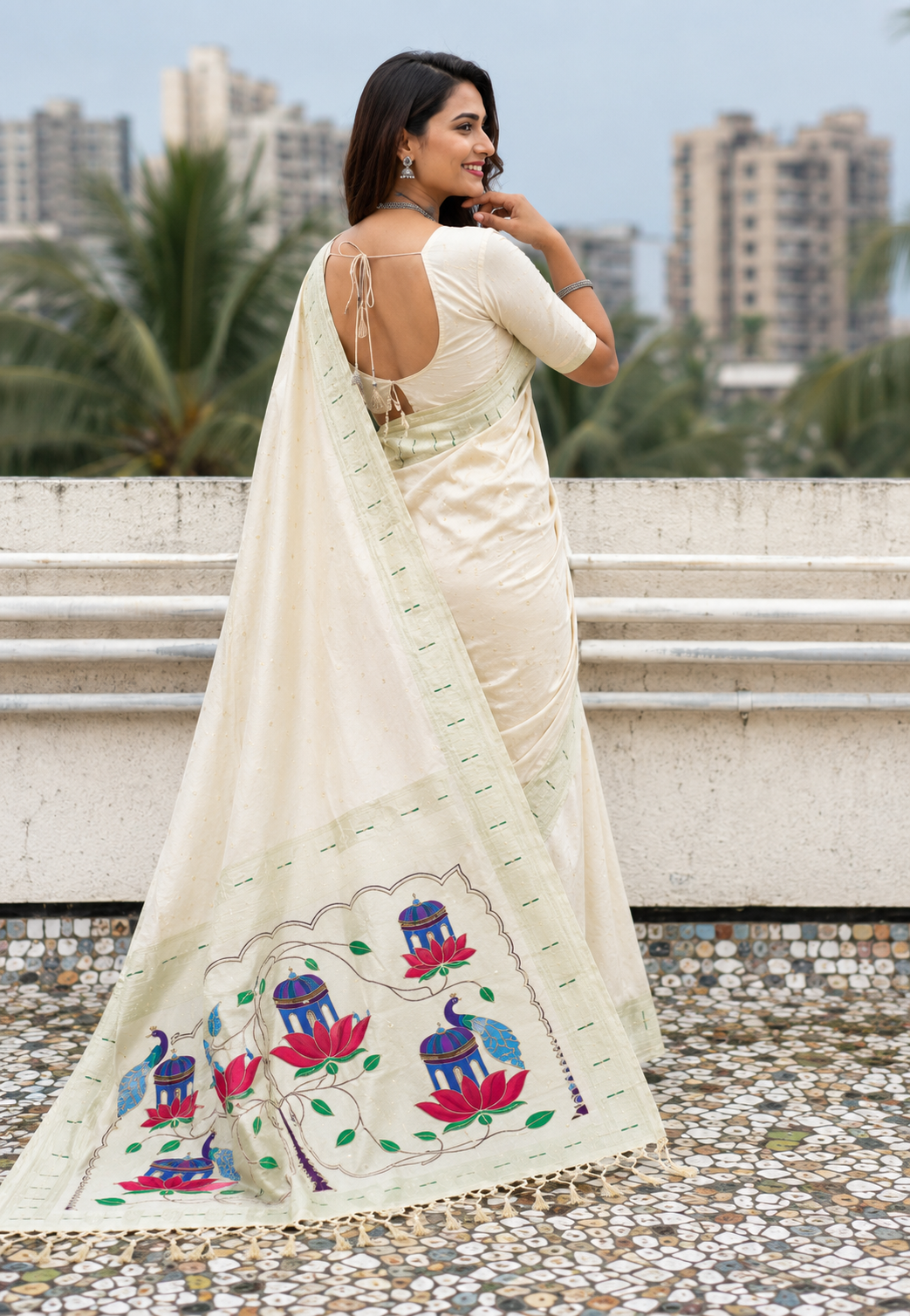 Pearl Ivory Lotus Peacock Paithani Silk Saree with Silver Zari Meenakari Pallu