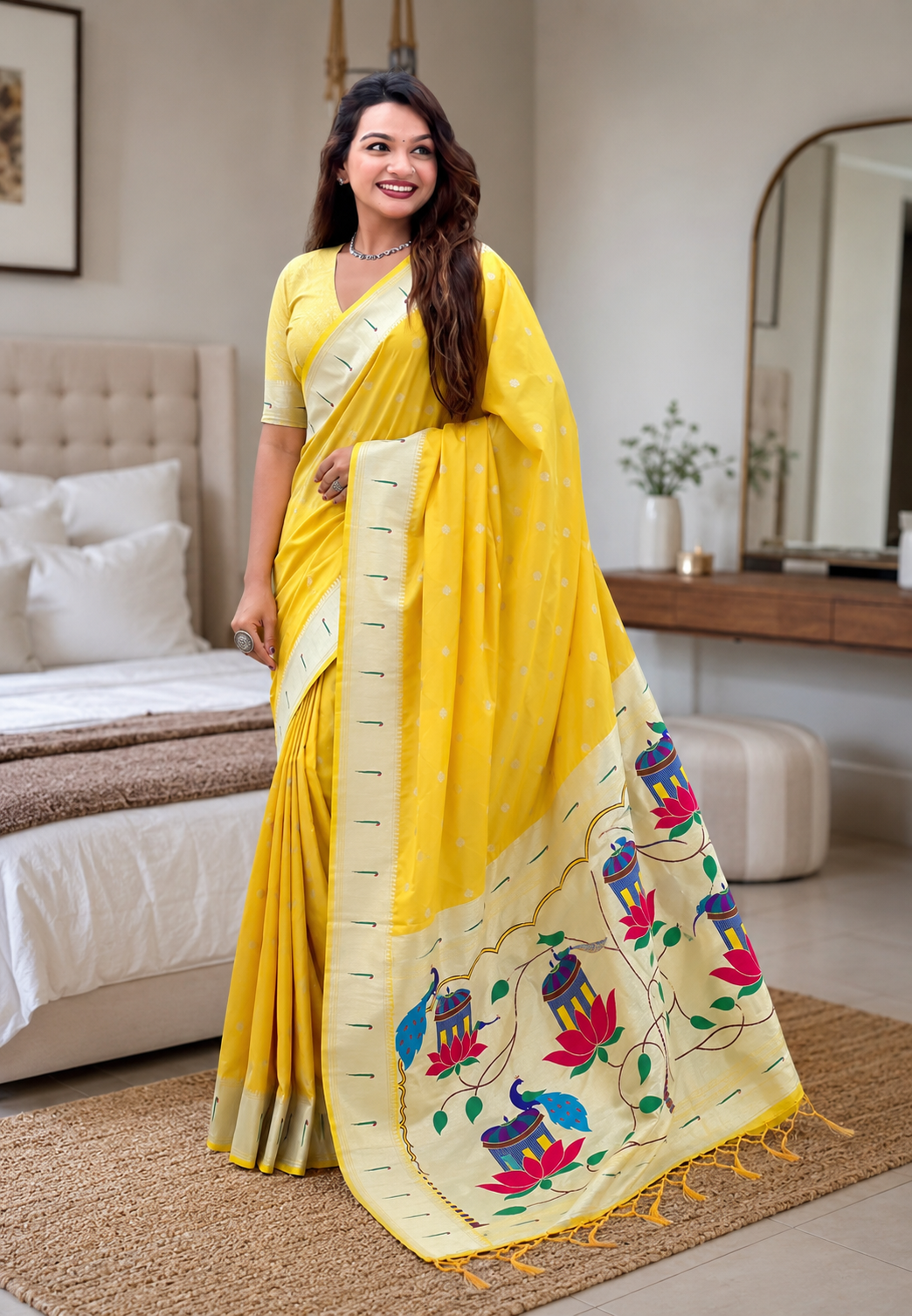 Sunshine Yellow Lotus Peacock Paithani Silk Saree with Silver Zari Meenakari Pallu