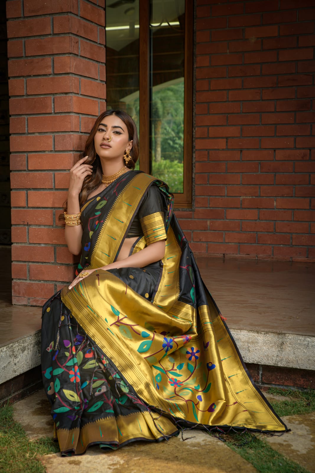 Midnight Bloom Paithani - Pure Handloom Soft Silk Saree with Gold Zari