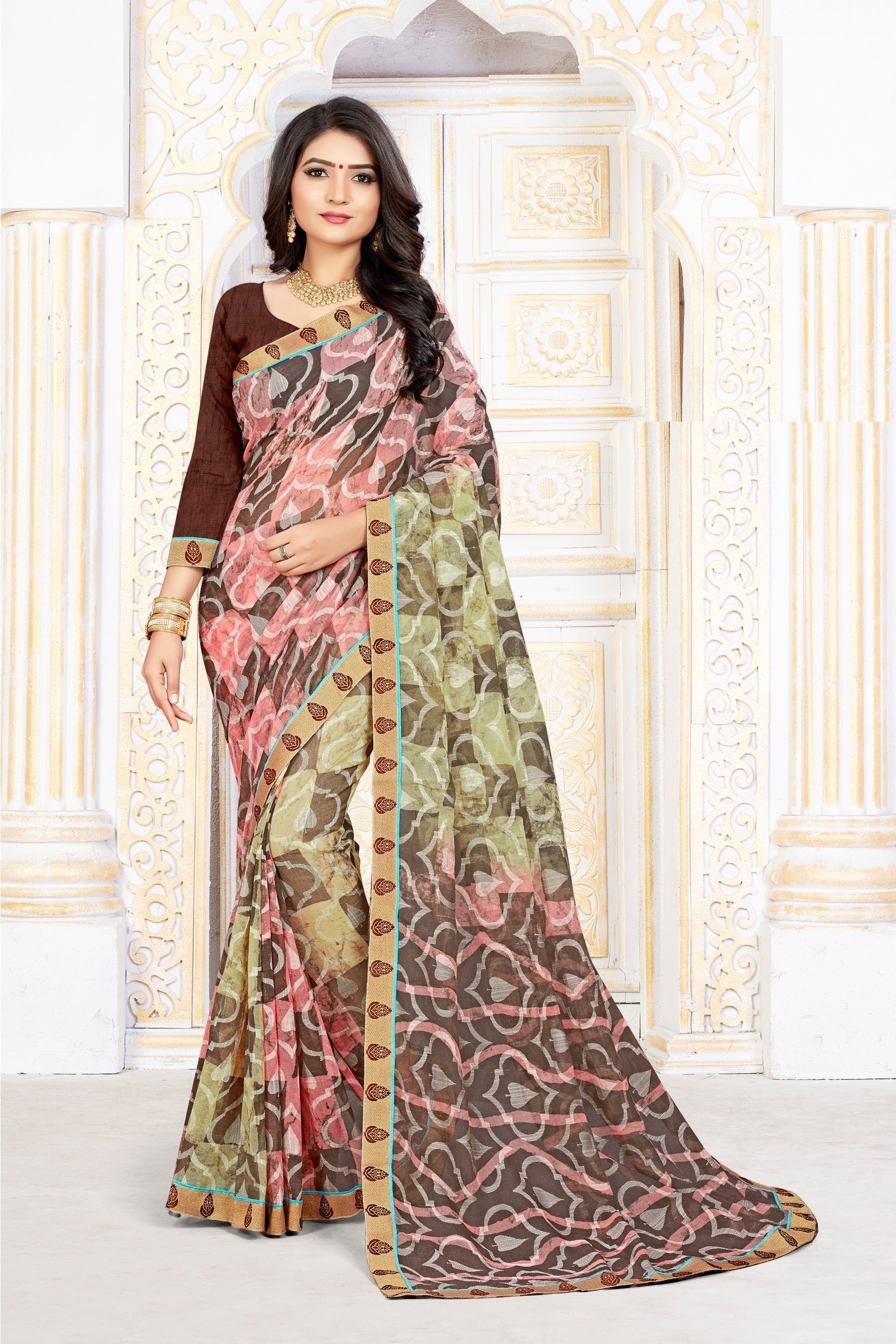 Brown Multi-Tone Brasso Art Silk Saree with Digital Print