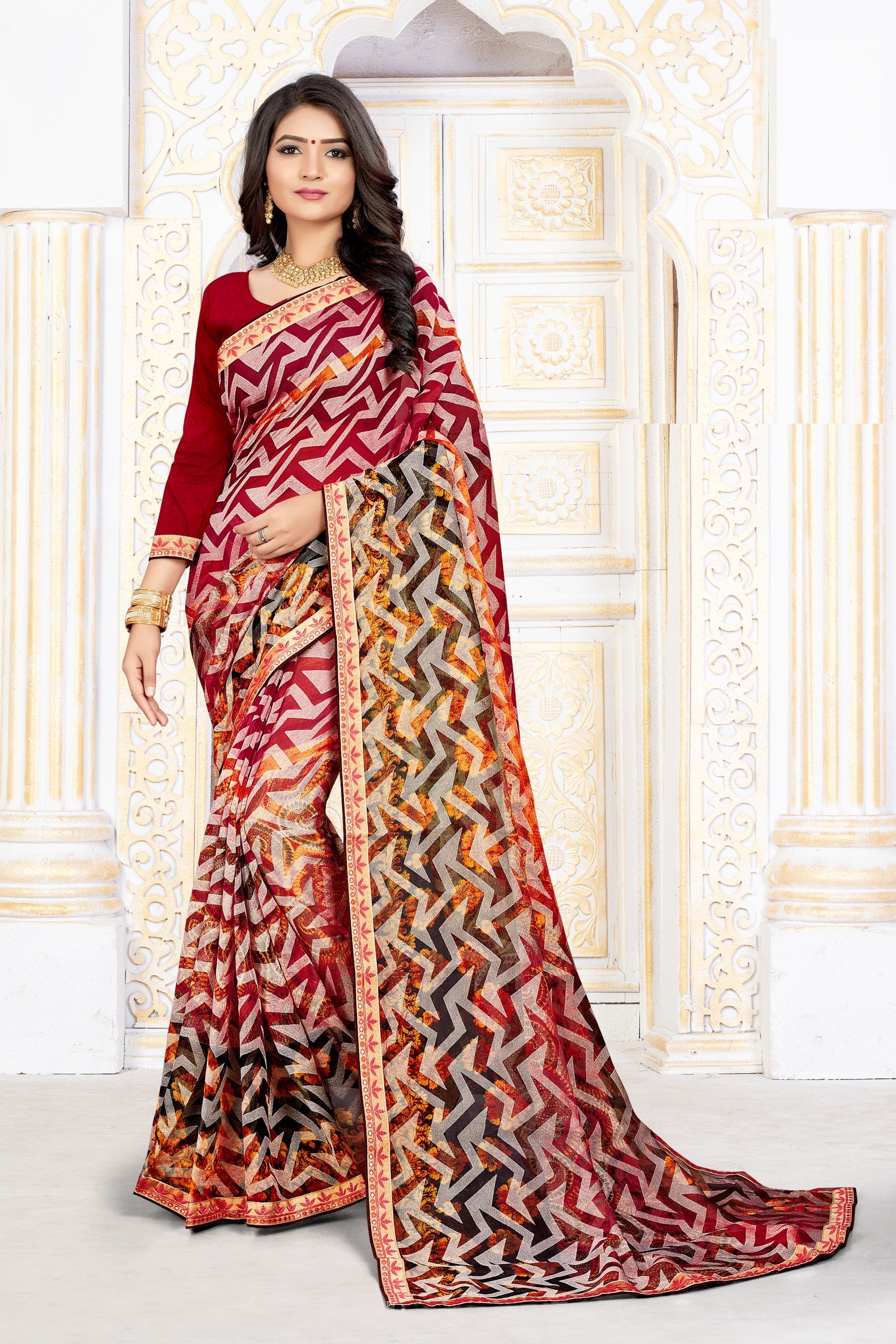 Red Geometric Brasso Art Silk Saree with Multi-Color Digital Print