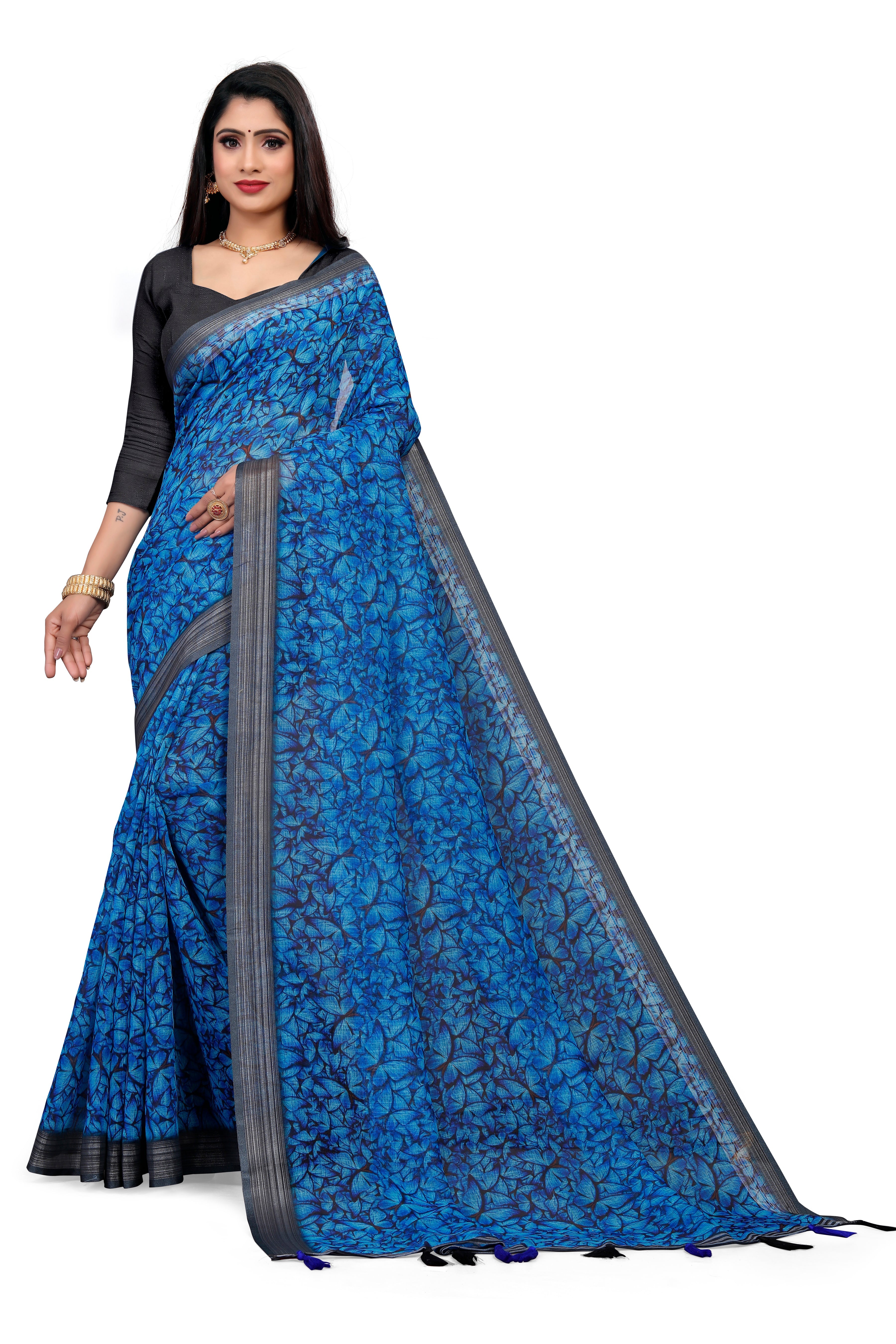 Blue Linen Saree with Wevon Jari Border & Leaf Digital Print