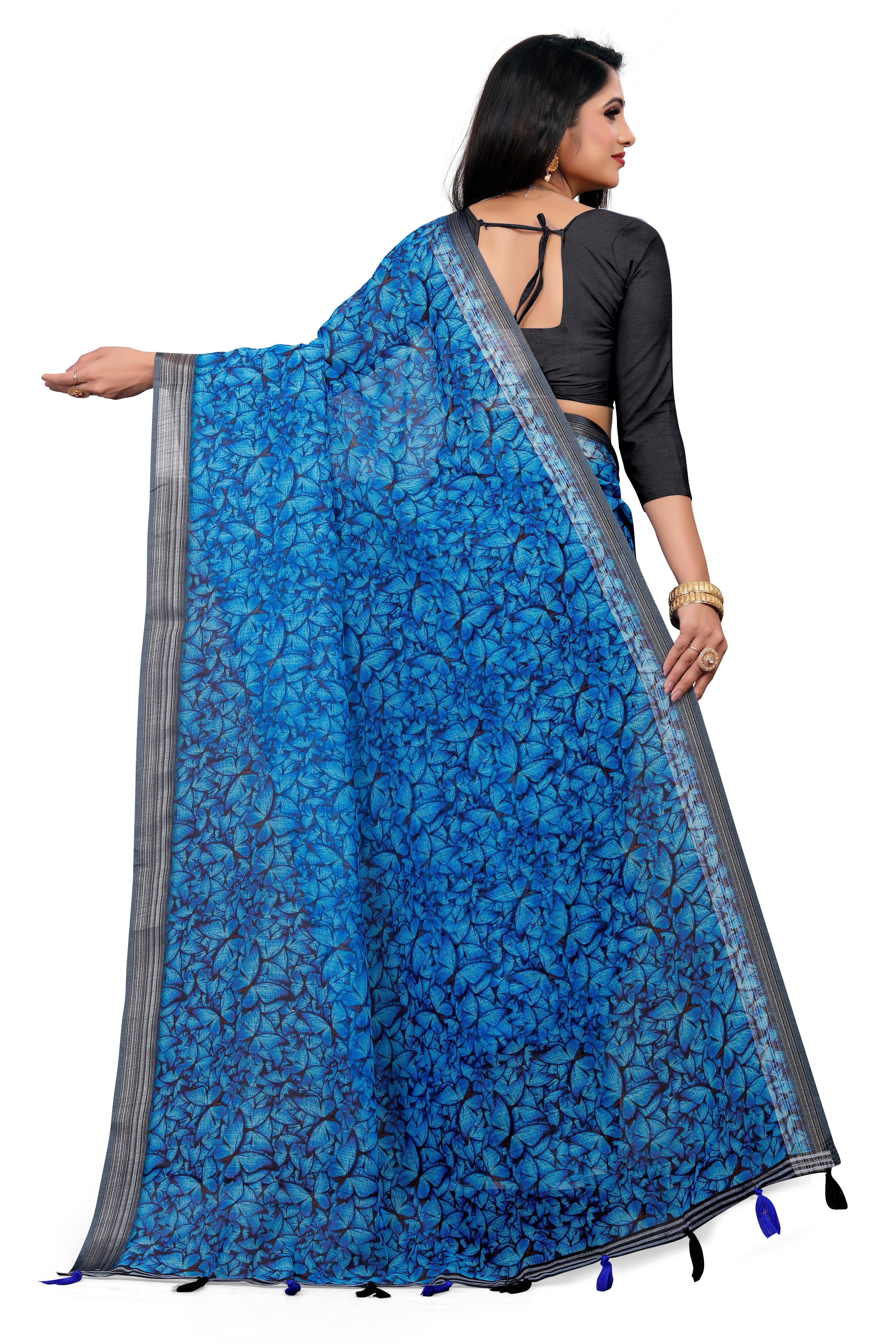 Blue Linen Saree with Wevon Jari Border & Leaf Digital Print