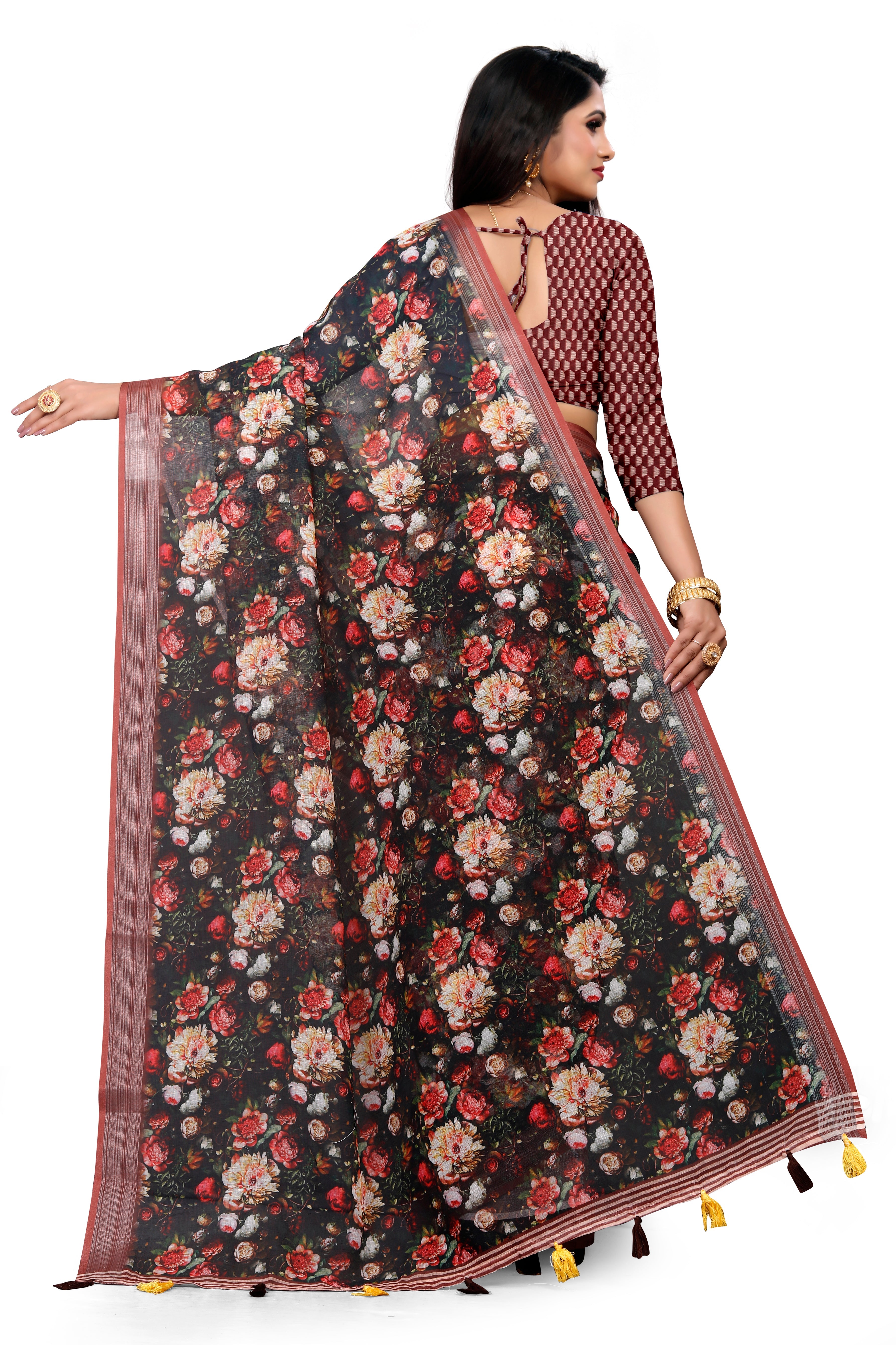 Black Linen Saree with Wevon Jari Border & Vintage Floral Digital Print