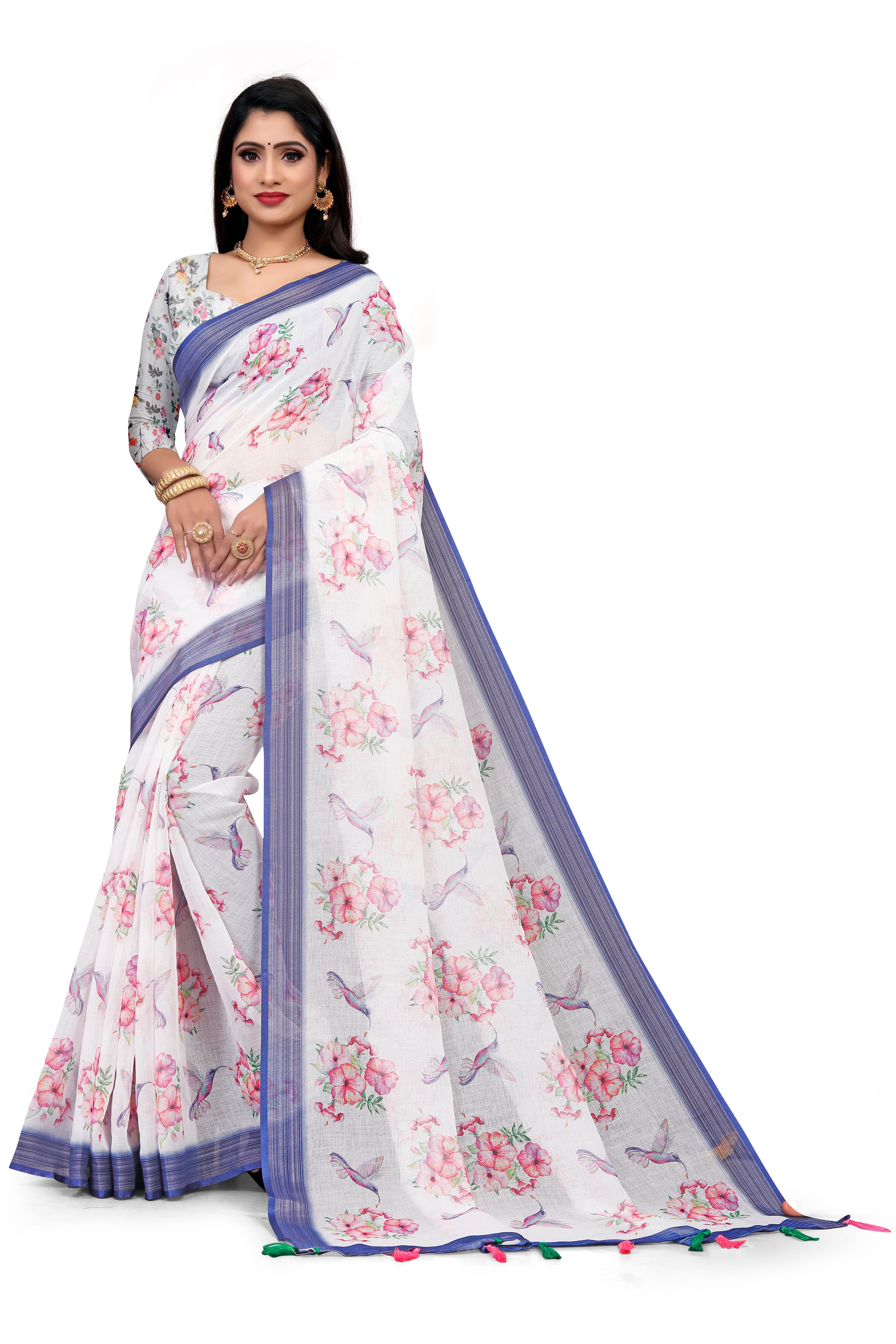 White Floral & Bird Digital Print Saree with Blue Border