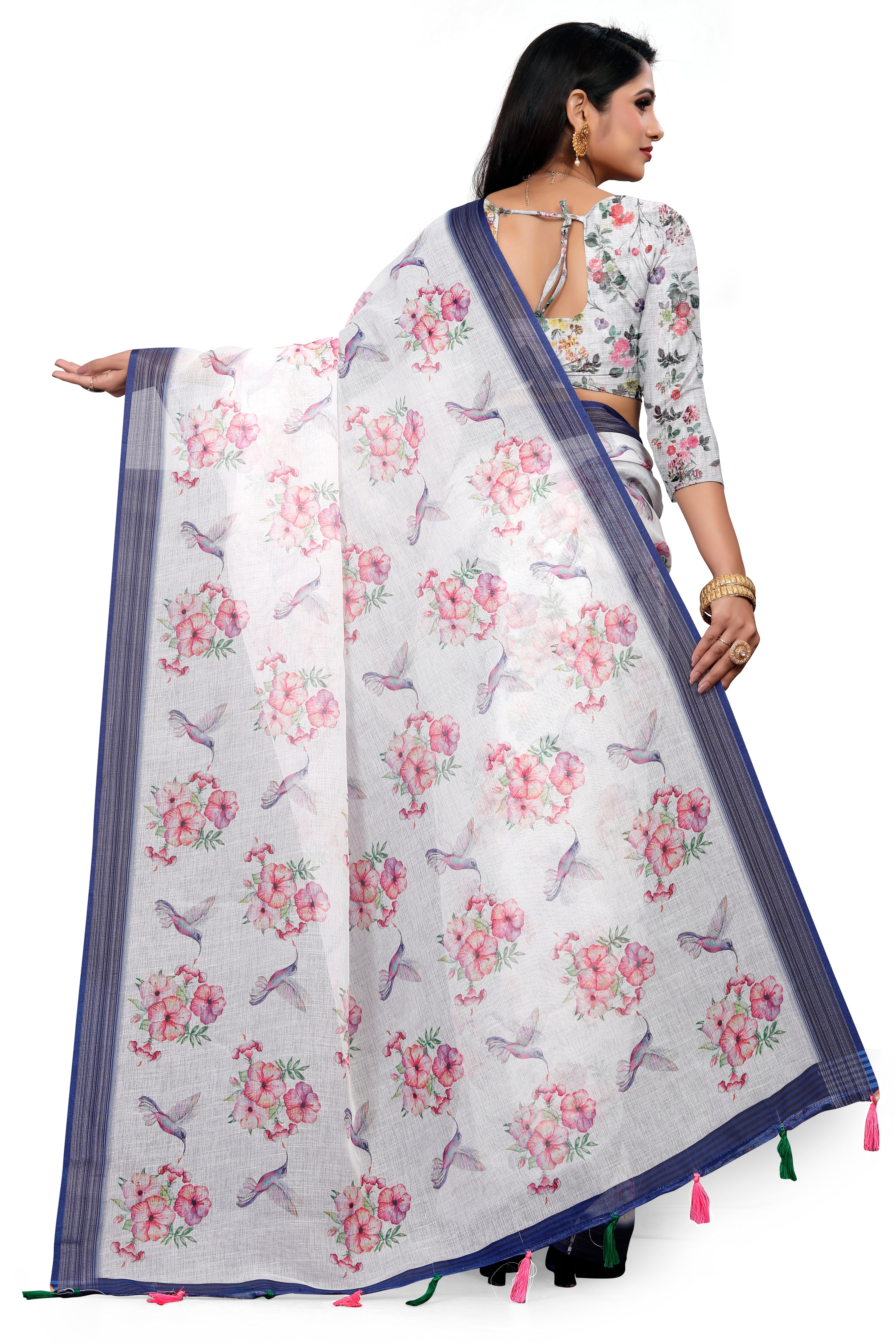 White Floral & Bird Digital Print Saree with Blue Border