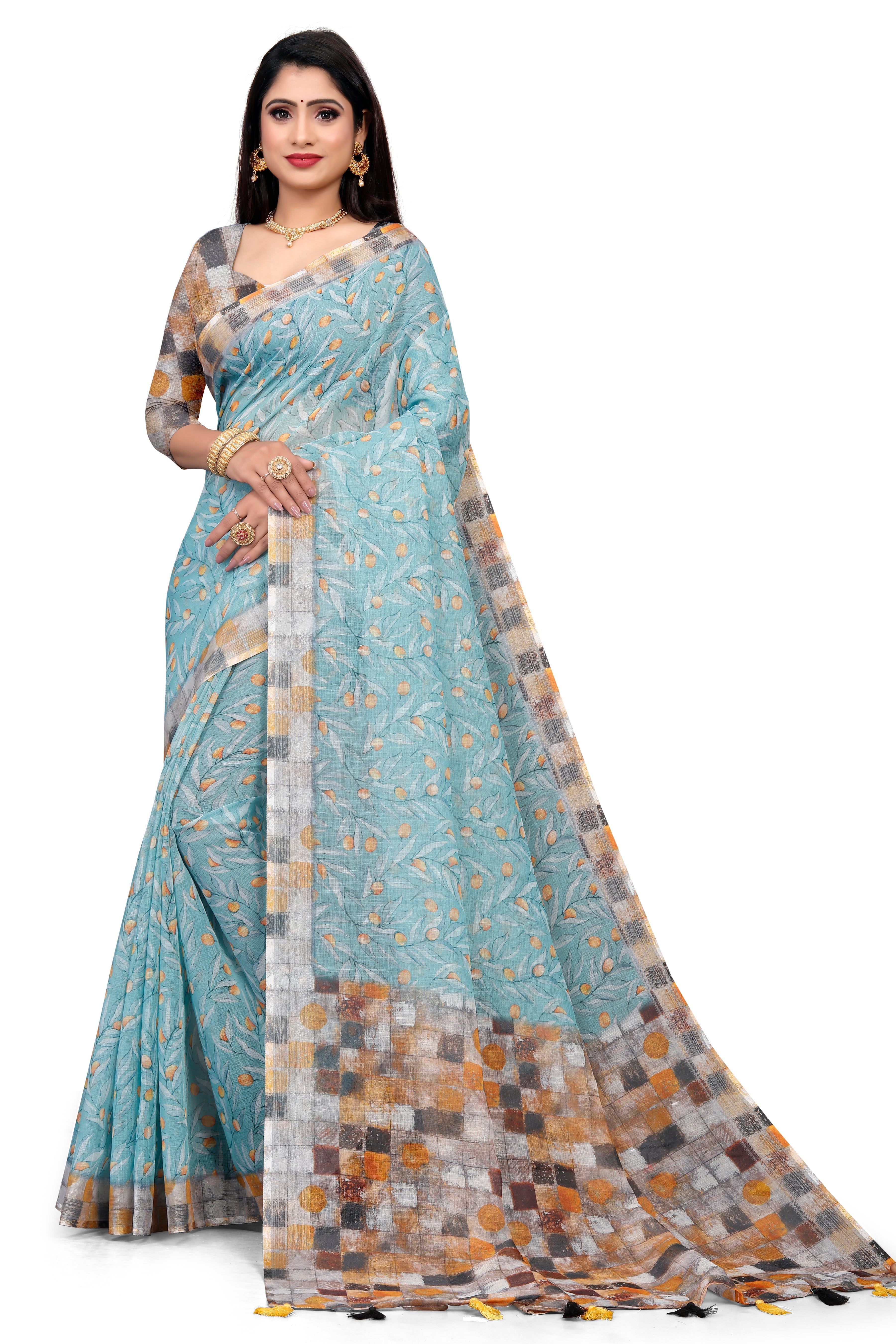 Blue Leaf & Abstract Checkered Digital Print Saree