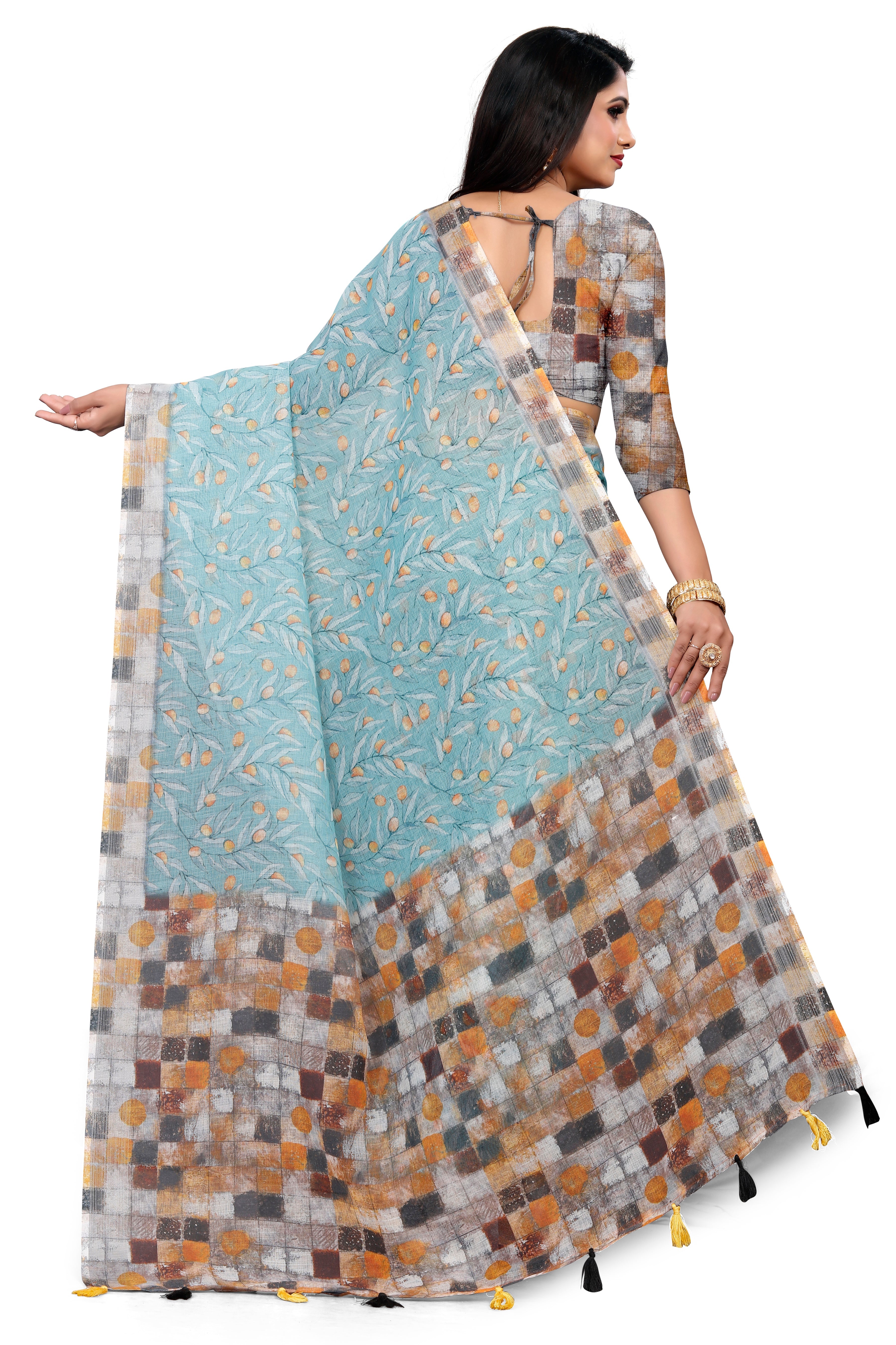 Blue Leaf & Abstract Checkered Digital Print Saree