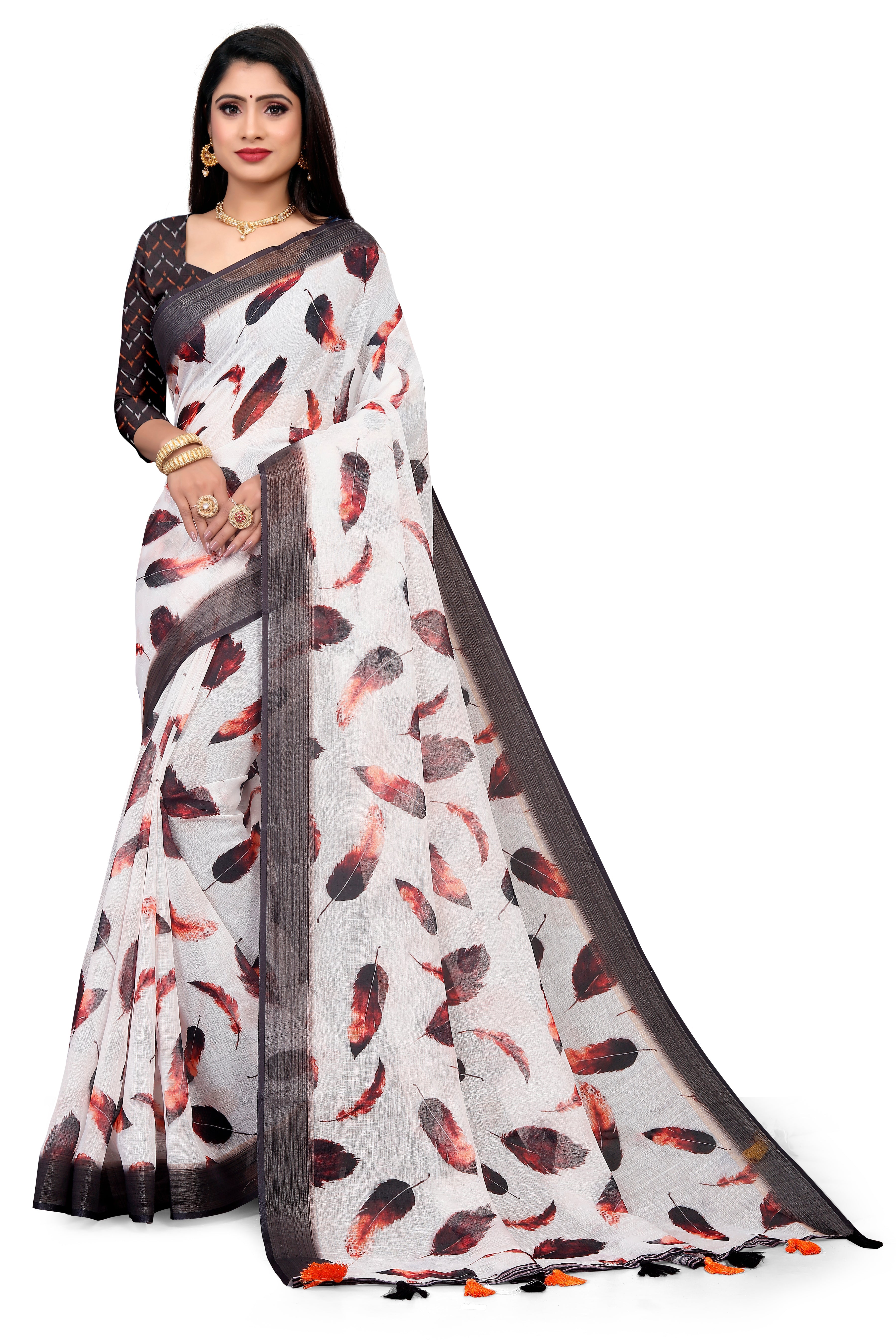 White Feather Digital Print Saree with Black Border
