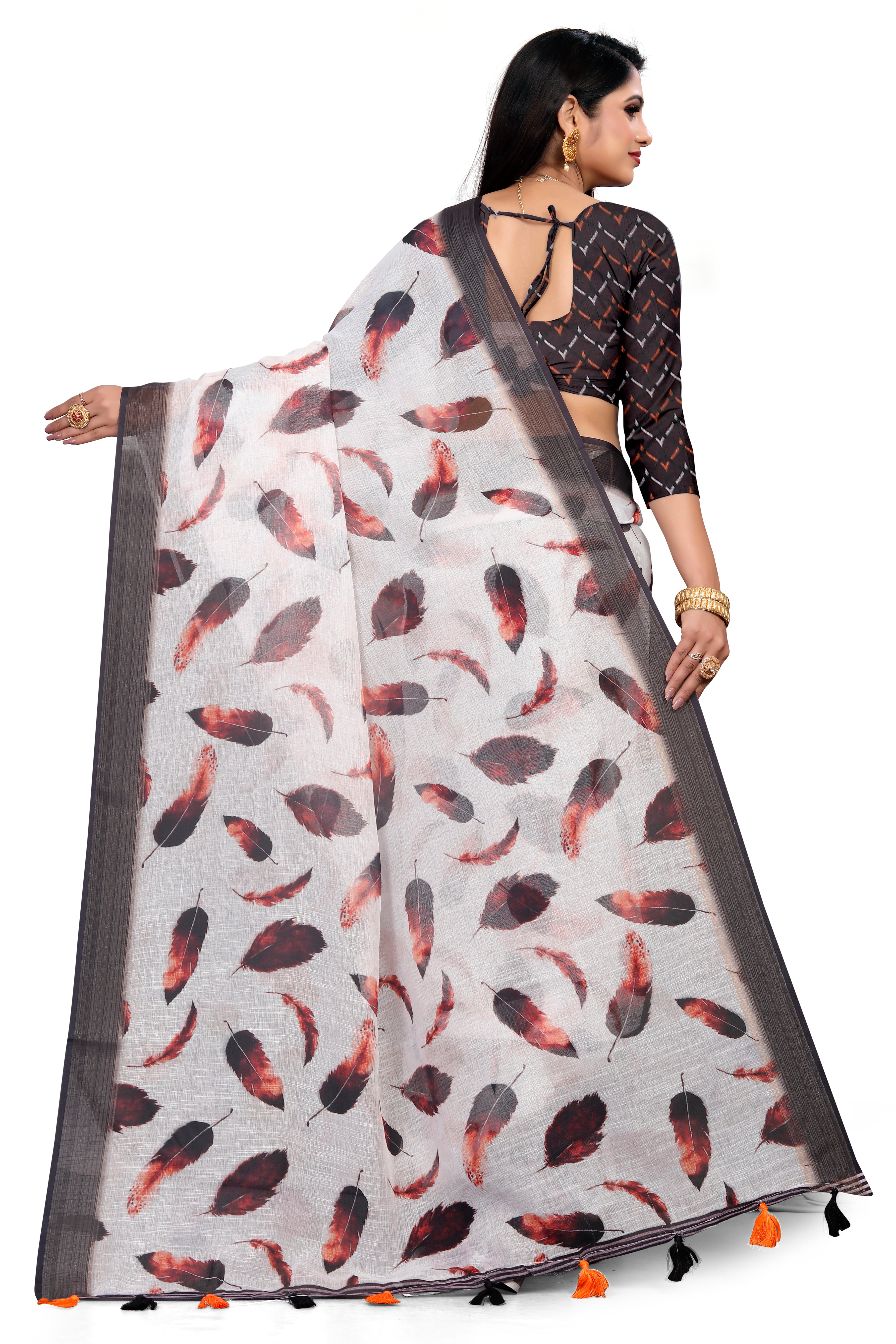 White Feather Digital Print Saree with Black Border