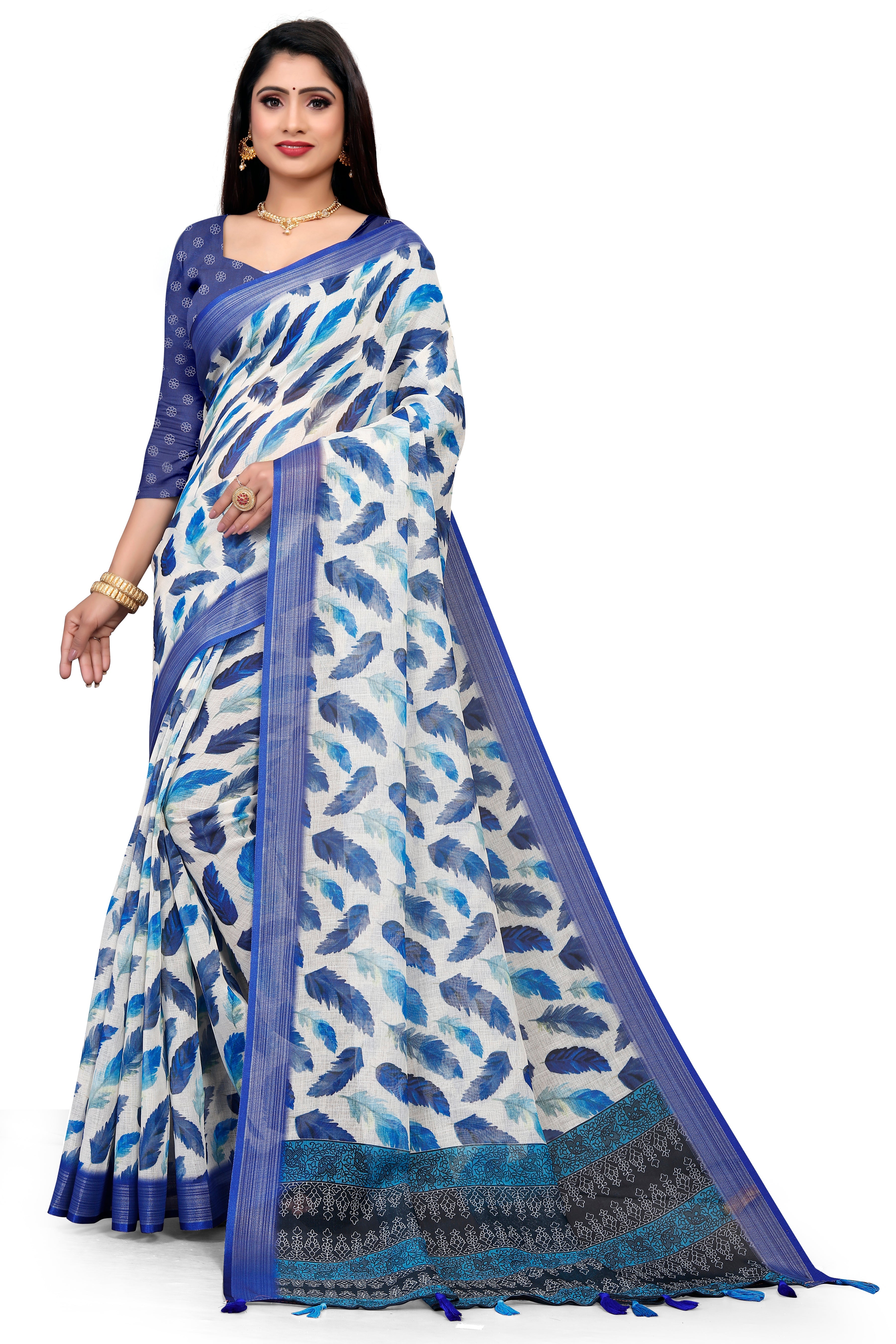 White & Blue Feather Digital Print Saree with Royal Blue Border