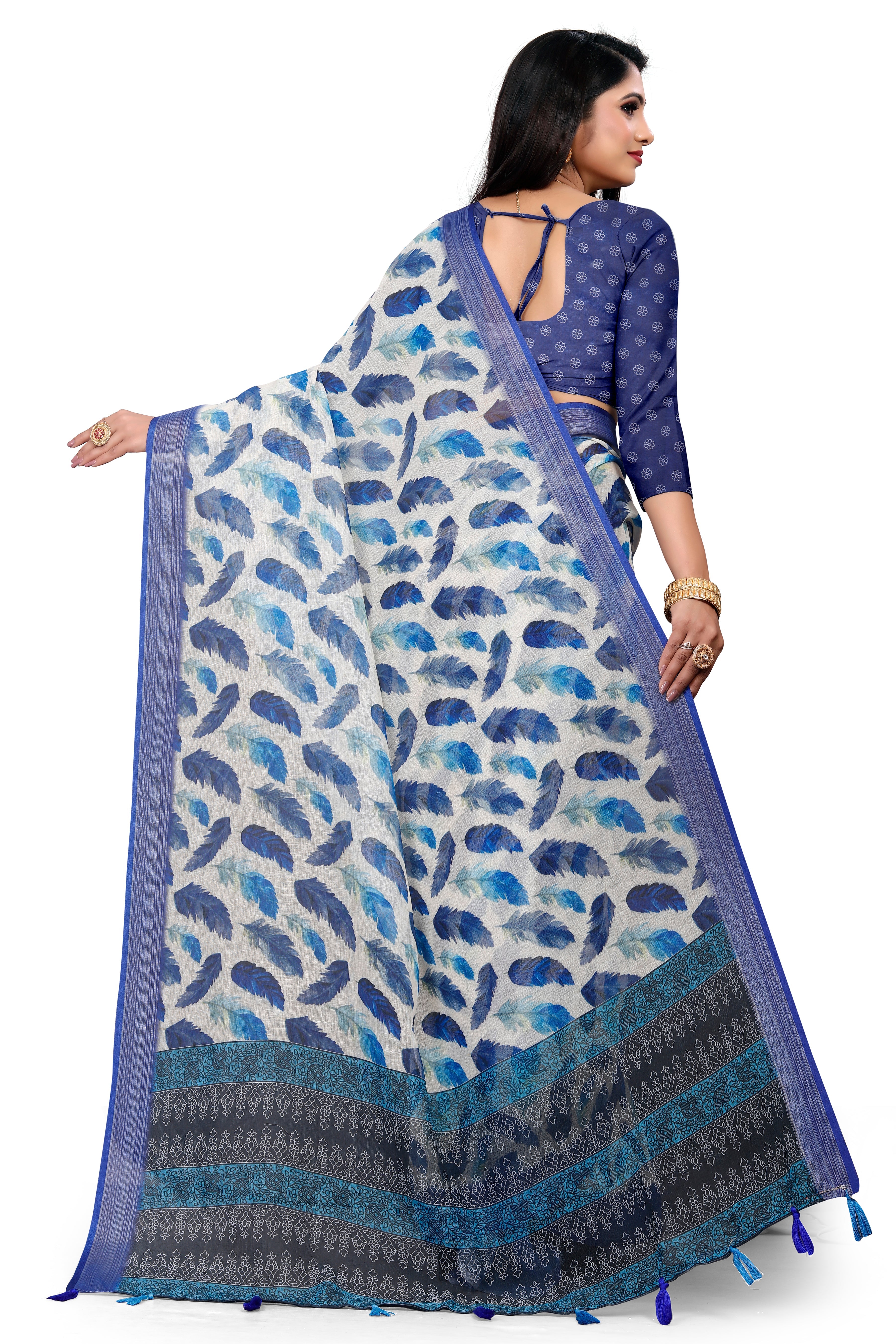 White & Blue Feather Digital Print Saree with Royal Blue Border