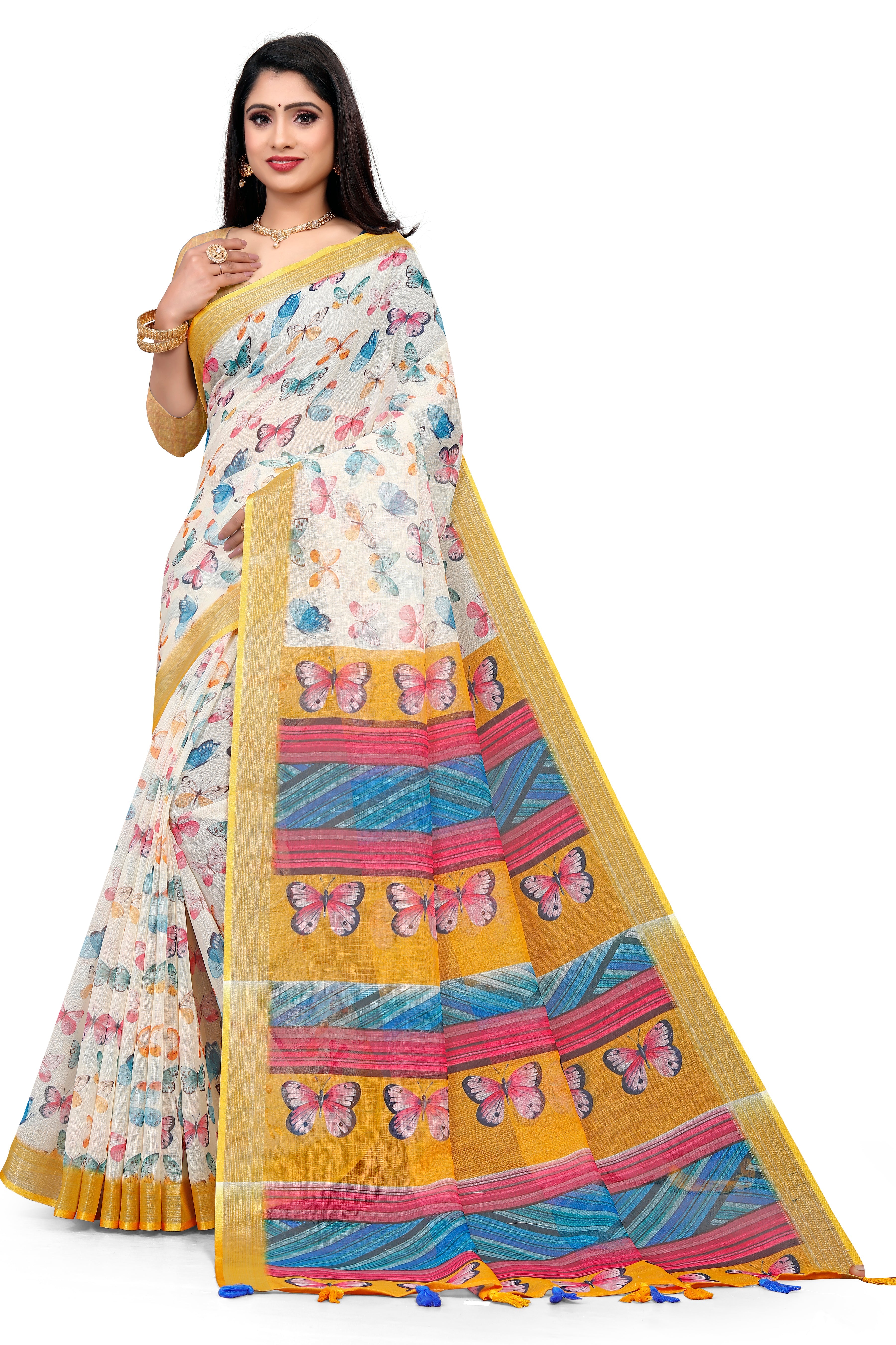 White Butterfly Digital Print Saree with Yellow Border & Colorful Pallu