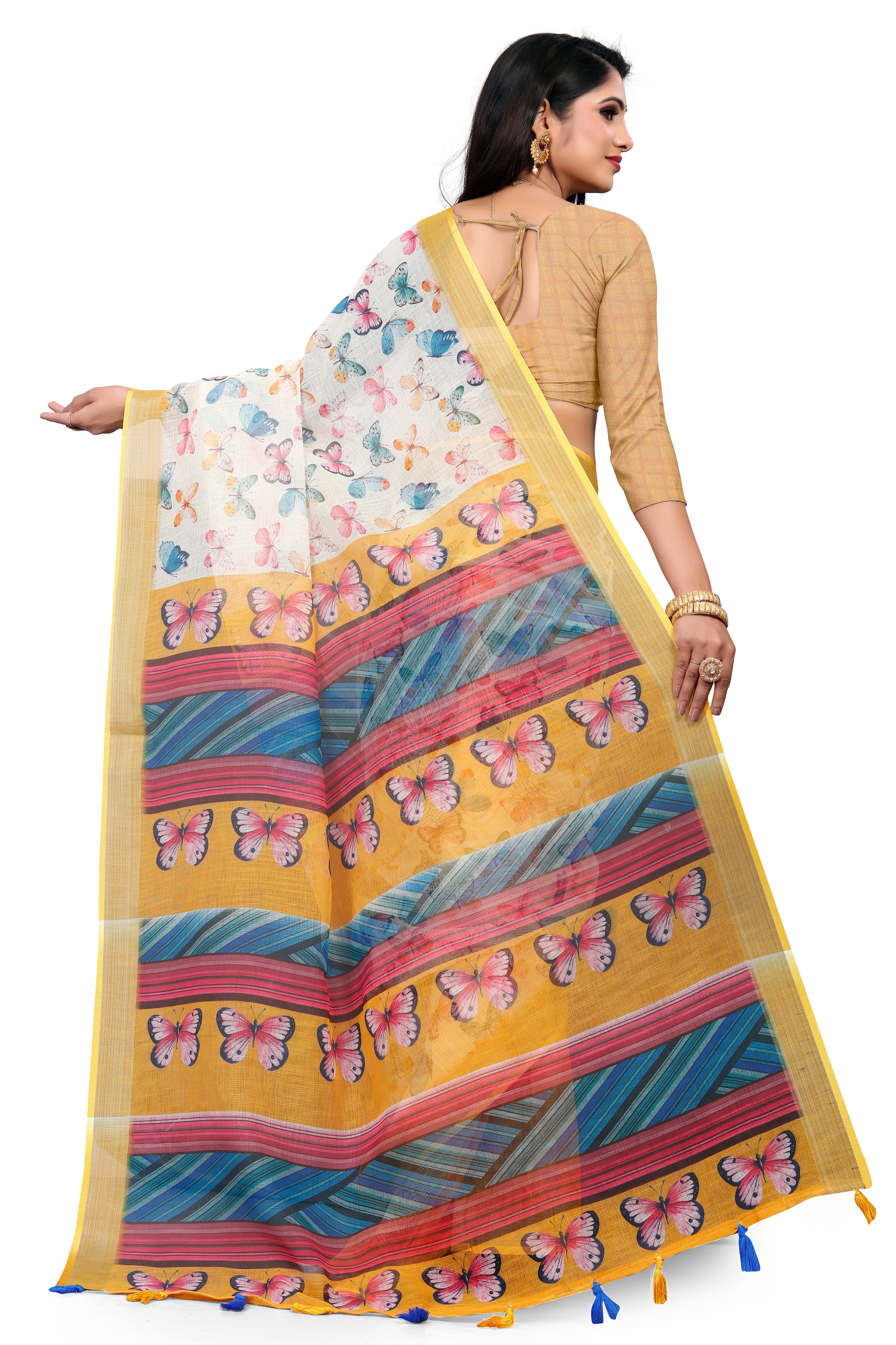 White Butterfly Digital Print Saree with Yellow Border & Colorful Pallu