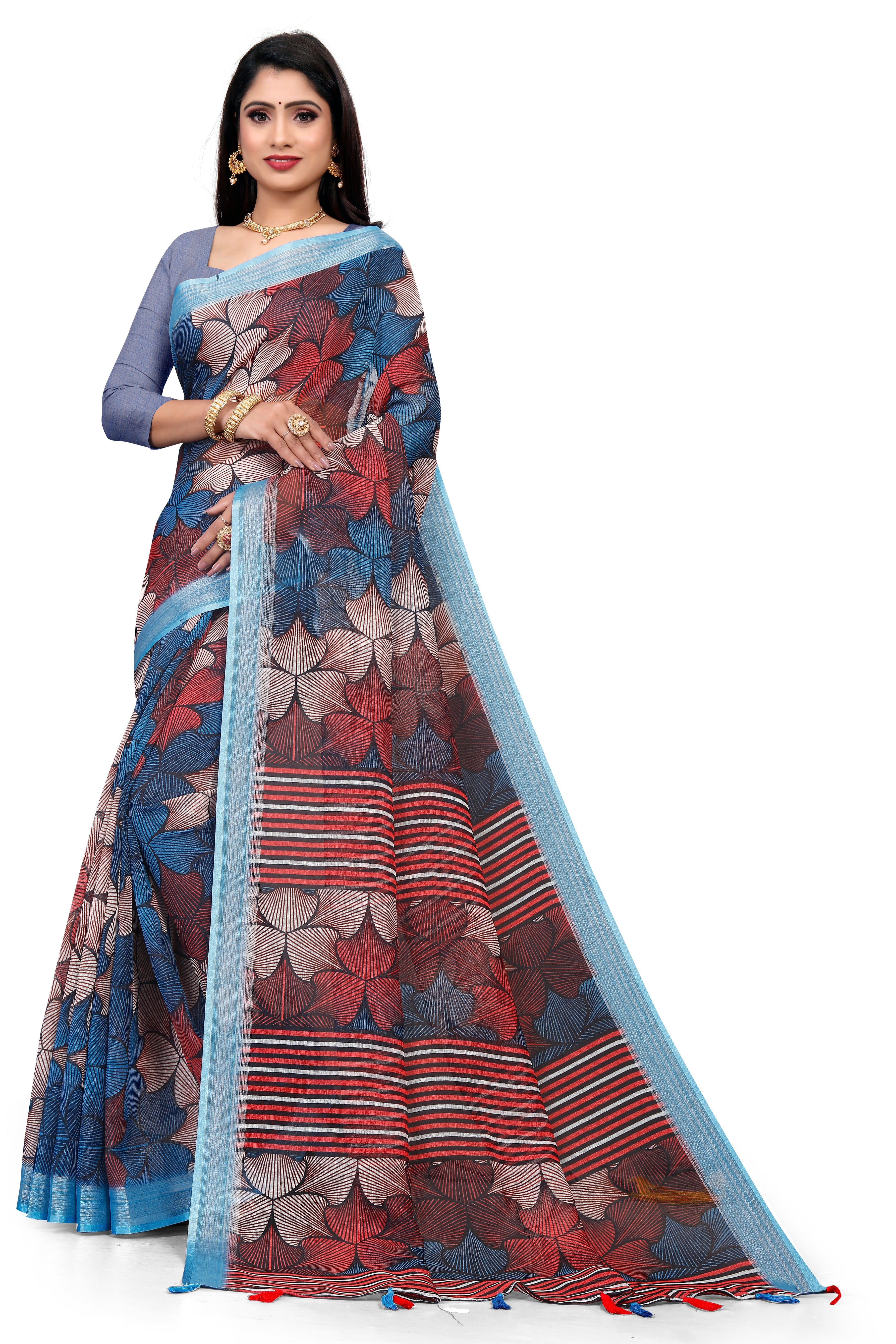 Teal Leaf Pattern Digital Print Saree with Blue Border & Striped Pallu