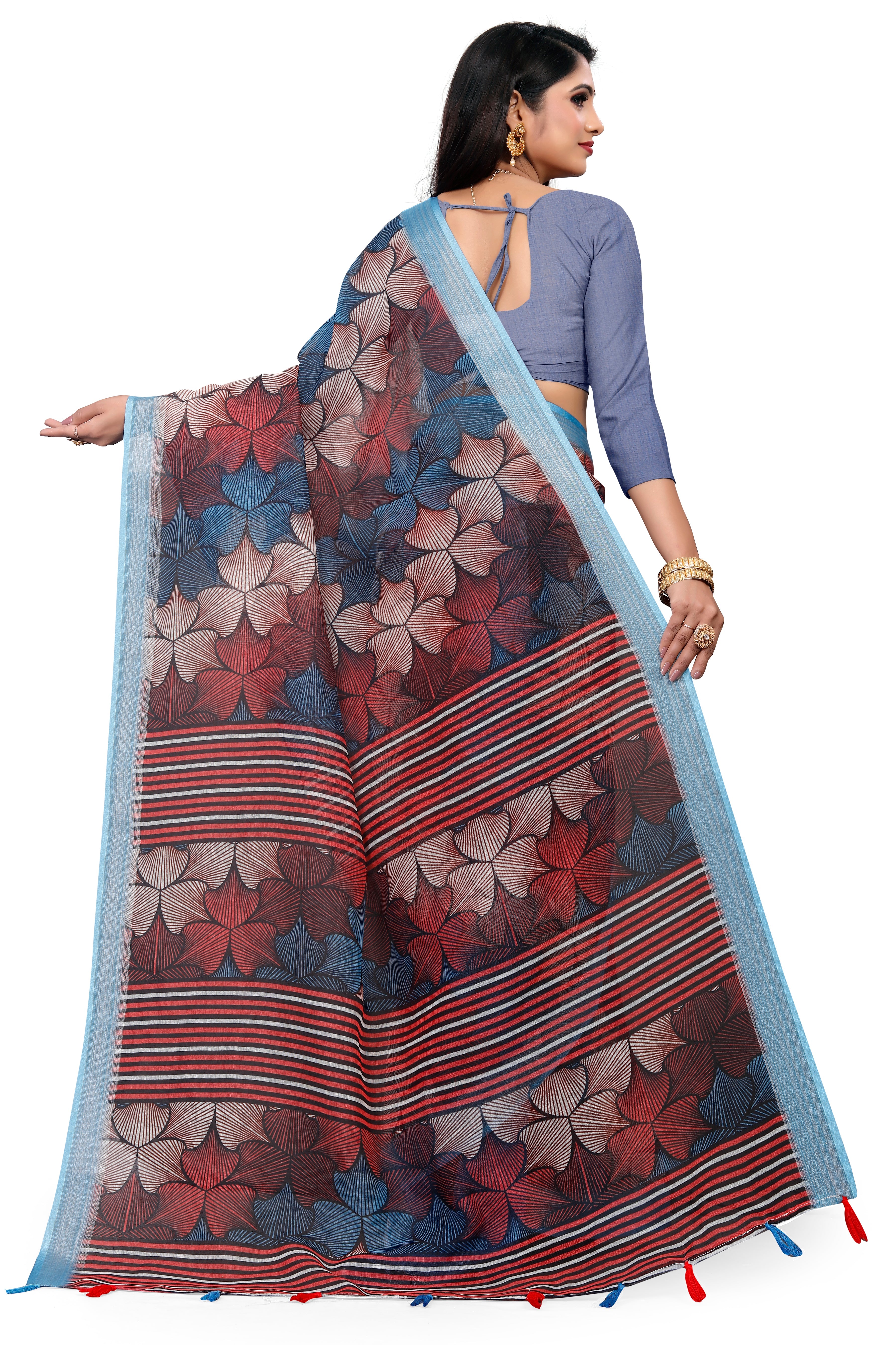 Teal Leaf Pattern Digital Print Saree with Blue Border & Striped Pallu