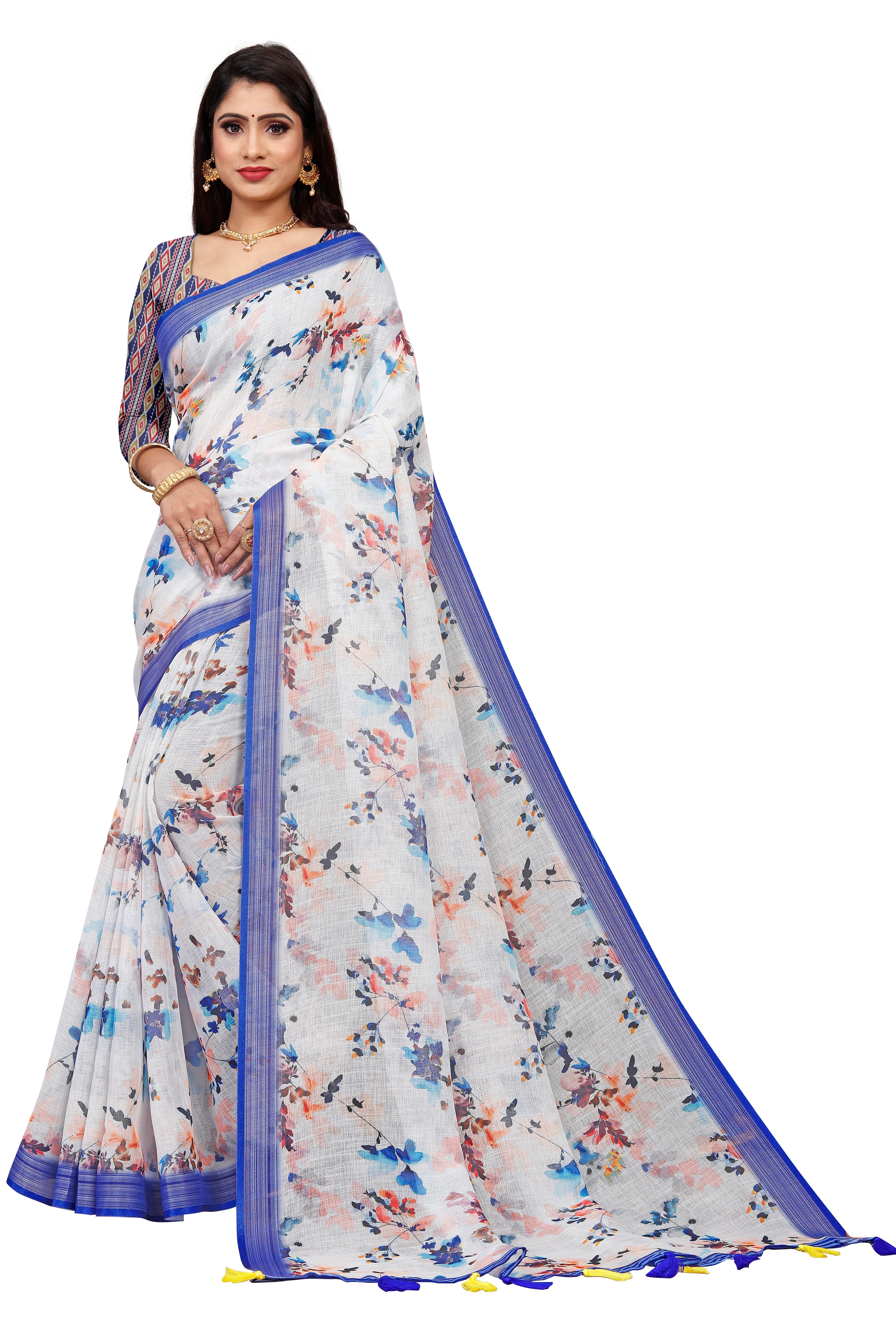 White Floral Print Saree with Royal Blue Border & Tassels